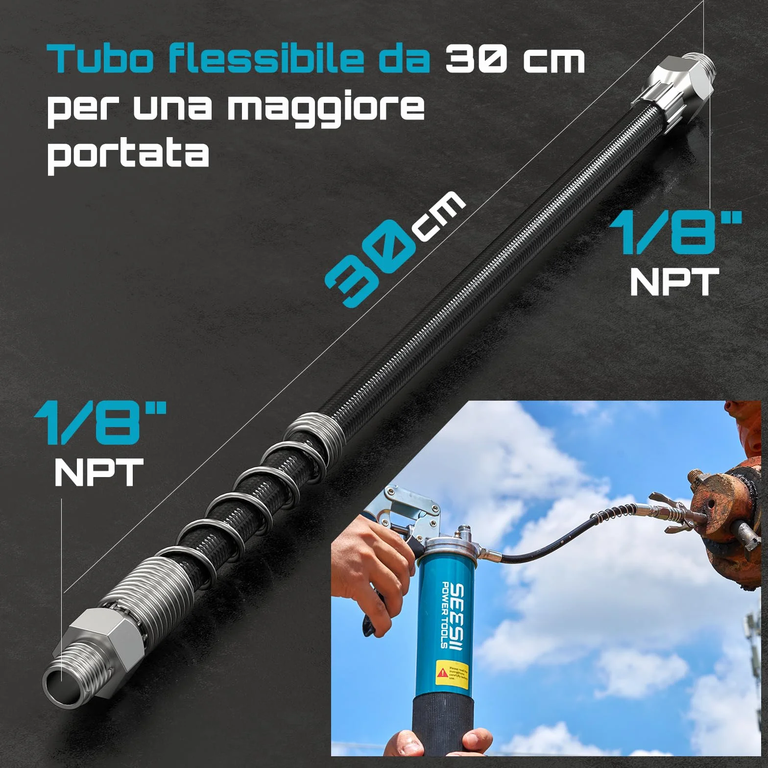 Seesii Kit di Accessori per Ingrassatore GR04P, Testina Professionale, Adattatore 90°, Tubo Flessibile 30 cm, 2 Puntali