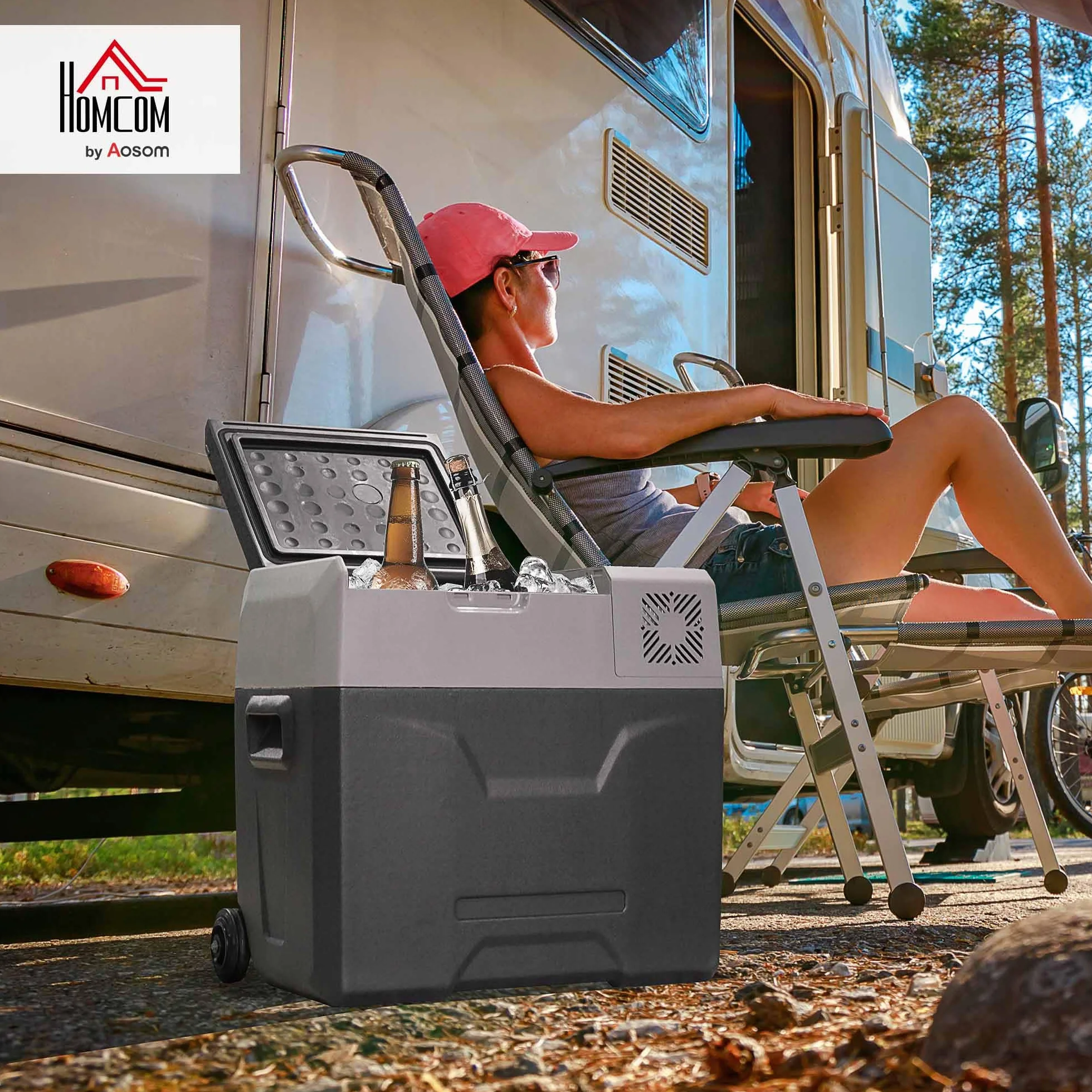 HOMCOM Frigorifero Portatile per Auto 50L 12/24V DC 110-240V AC, Frigo Portatile con Pannello Touch, Maniglia e 2 Rotelle, in Alluminio e Plastica, per Barca, Camper, 58.6x37.8x54.5 cm, Grigio
