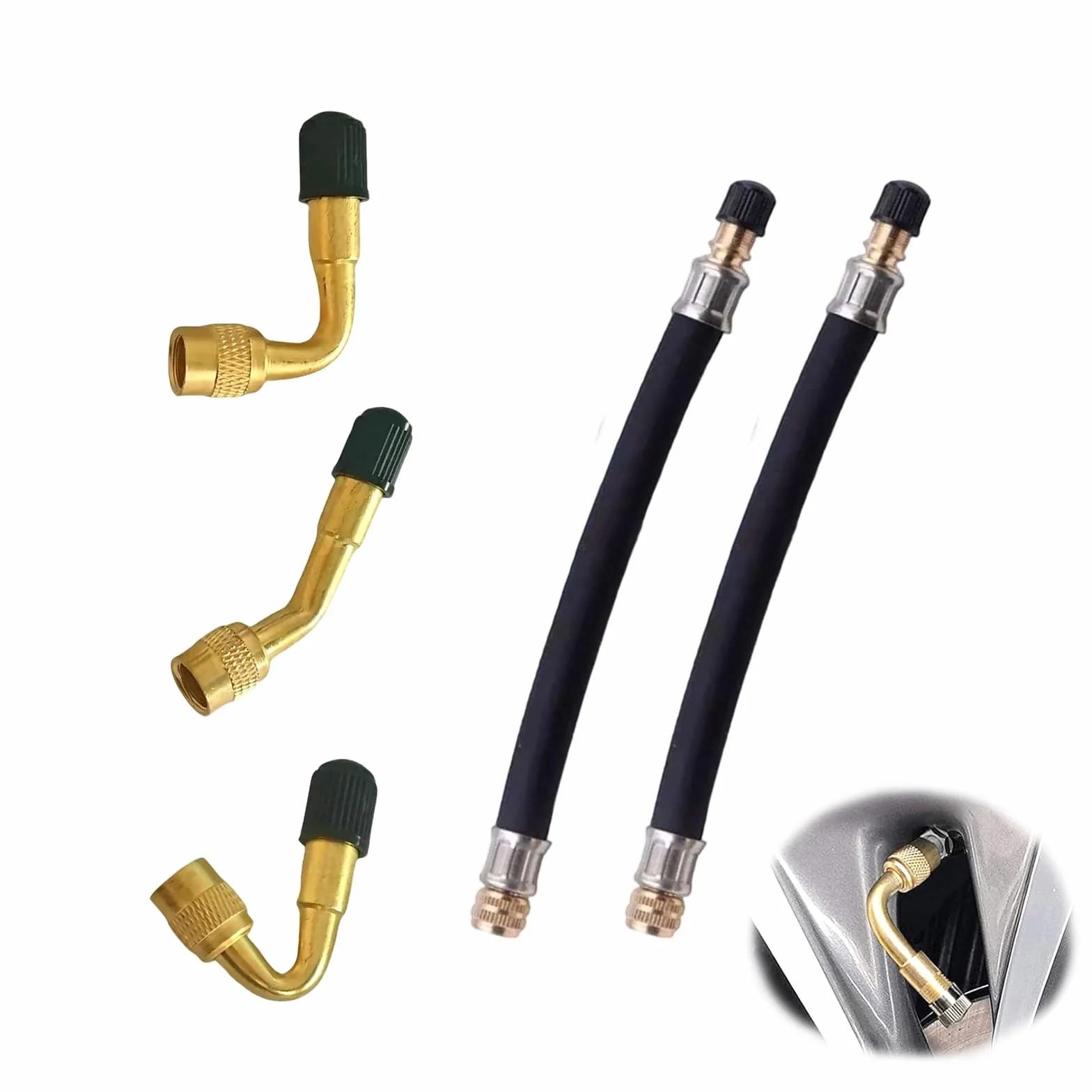 Kit Gonfiaggio Pneumatici Auto, 5 Pezzi Prolunga Valvola Pneumatici Set, Adattatori Valvola Gradi con Tubi di Prolunga in Gomma