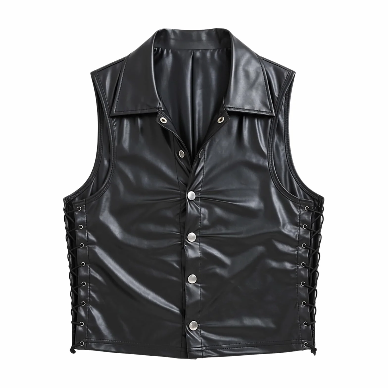 Gilet Senza Maniche in Pelle Verniciata Wet Look con Laccetti A V Uomo