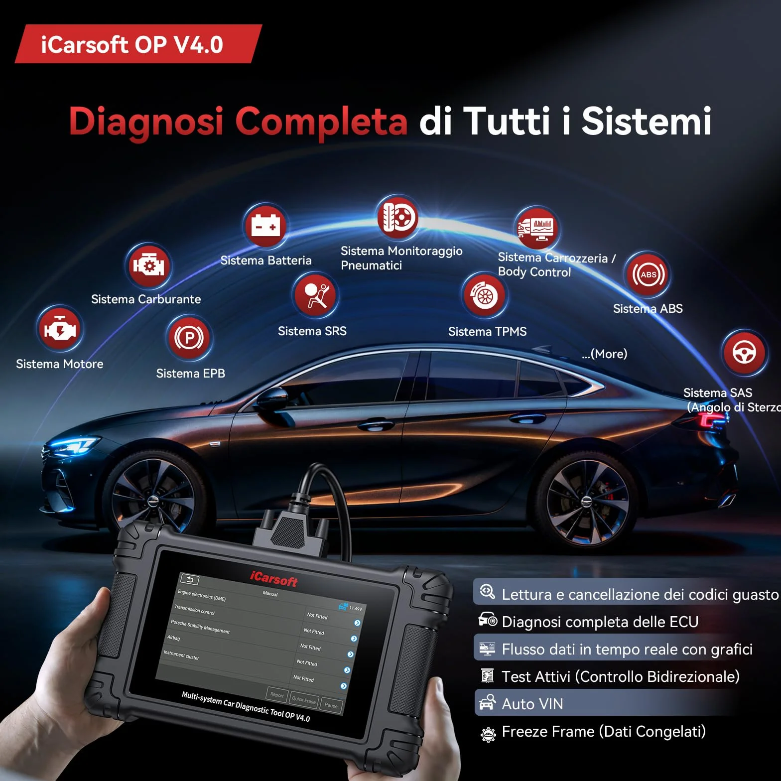 iCarsoft OP V4.0 OBD2 Diagnostica Auto Professionale per Opel/Vauxhall, 34 Servizi, Test Bidirezionale, WiFi
