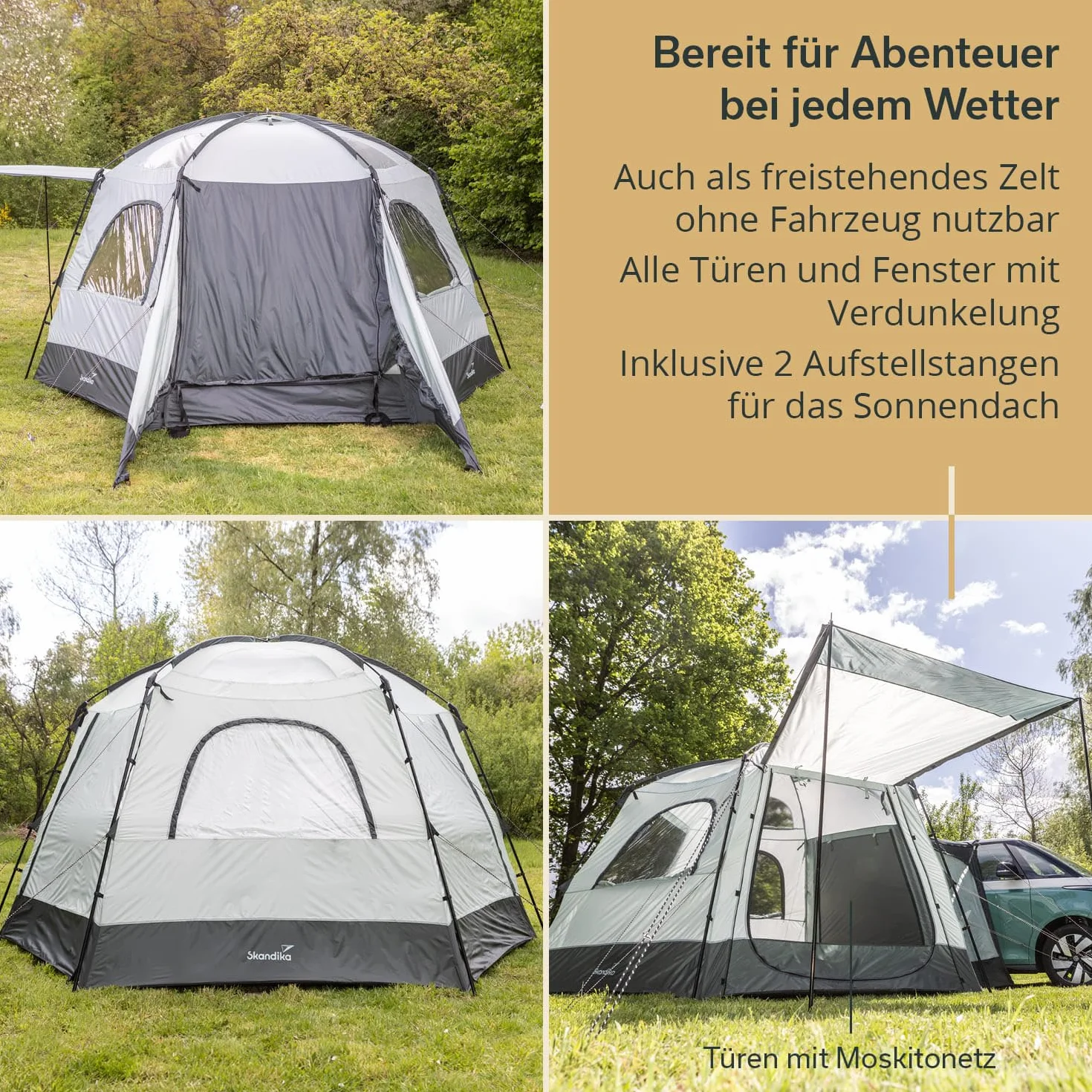 Skandika Pitea Dome Tenda per auto, autobus, furgoni | Indipendente, per 2-4 persone, 2,2 m di altezza, 10,4 m² di superficie abitabile, 3 ingressi, zanzariera, 3000 mm di colonna d'acqua