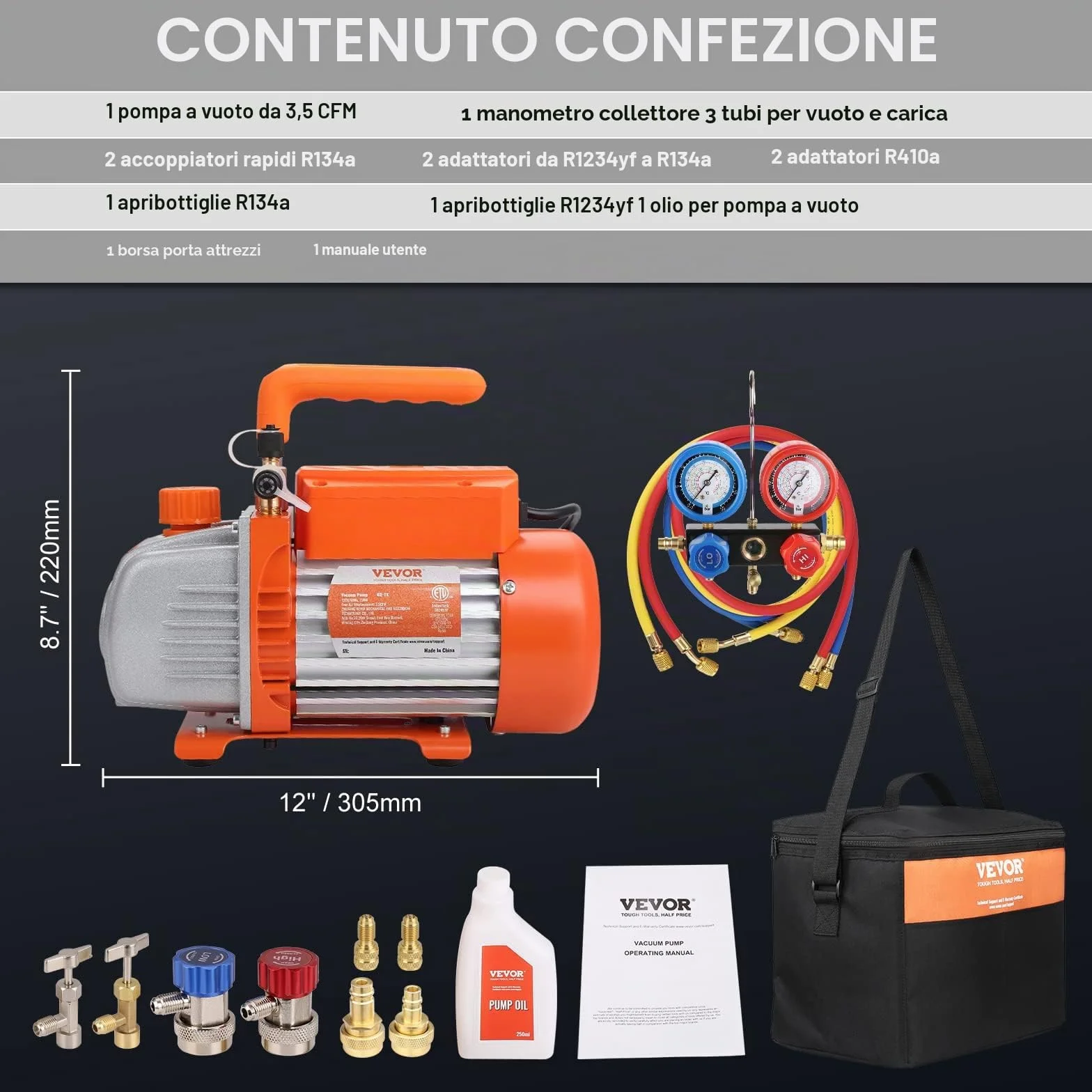 VEVOR Kit Pompa a Vuoto Monostadio 150W 100 L/min per Aria Condizionata Auto HVAC R134a R1234yf