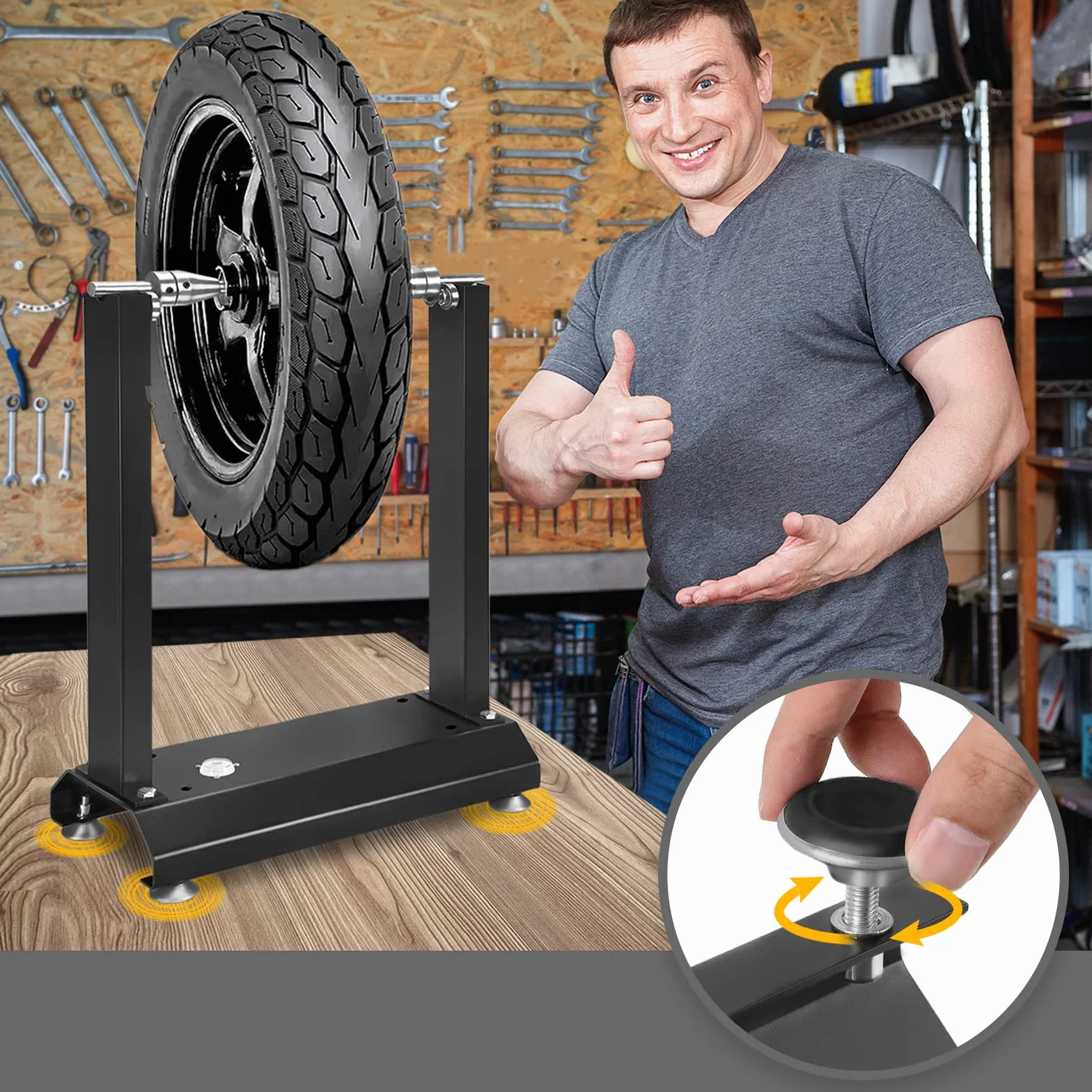 UISEBRT Equilibratore per ruote da moto, supporto di equilibratura per moto, macchina equilibratrice per cerchioni e pneumatici da moto, macchina equilibratrice per ruote con coni regolabili e livella