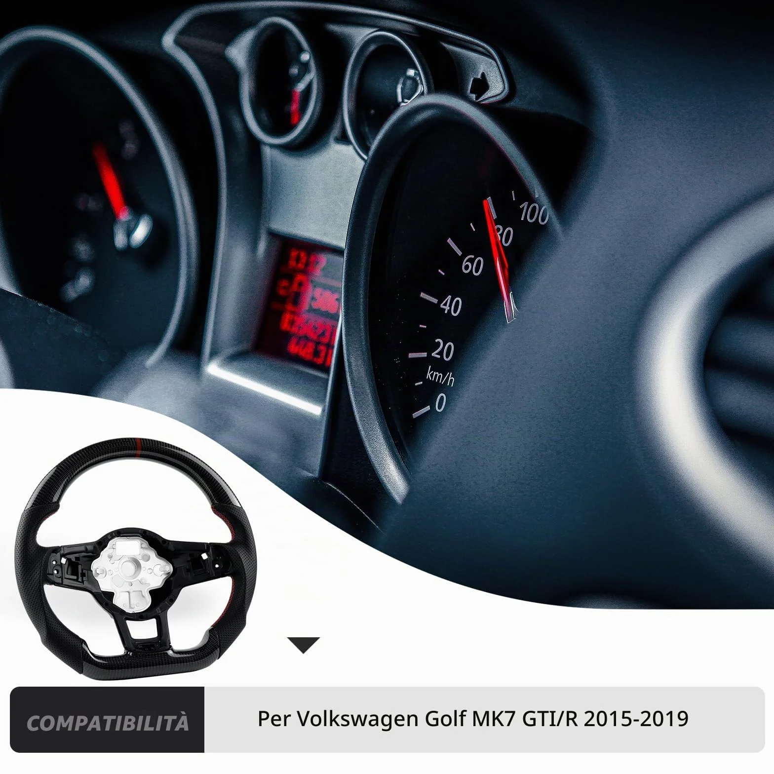 Volante in fibra di carbonio, volante in pelle, volante a forma di D, con fondo piatto e cuciture rosse, manopola in pelle traforata per VW Volkswagen Golf MK7 GTI/R 2015-2019