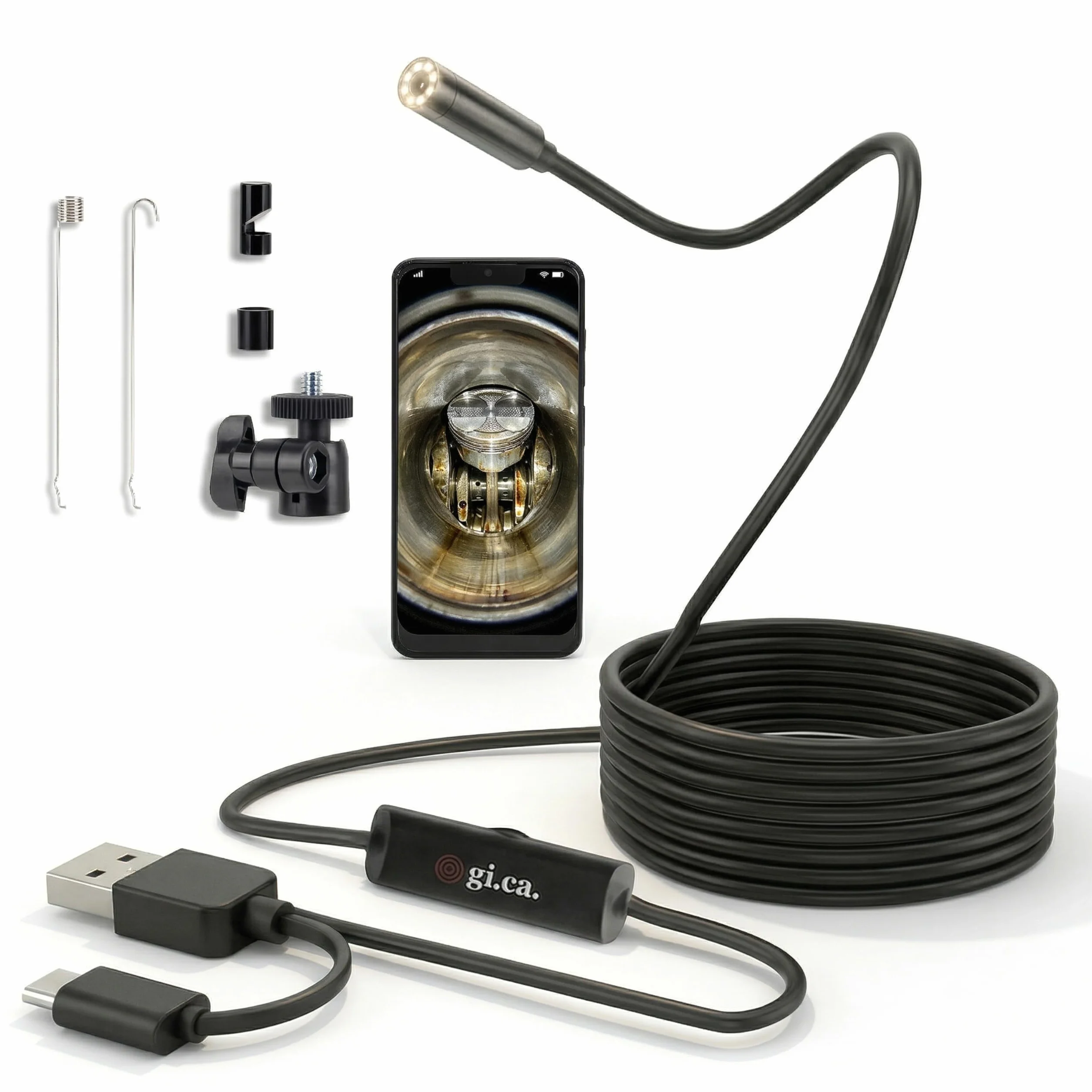 Endoscopio Smartphone 5m Full HD IP67 Impermeabile LED Regolabili USB-C Sonda Ispezione Tubi