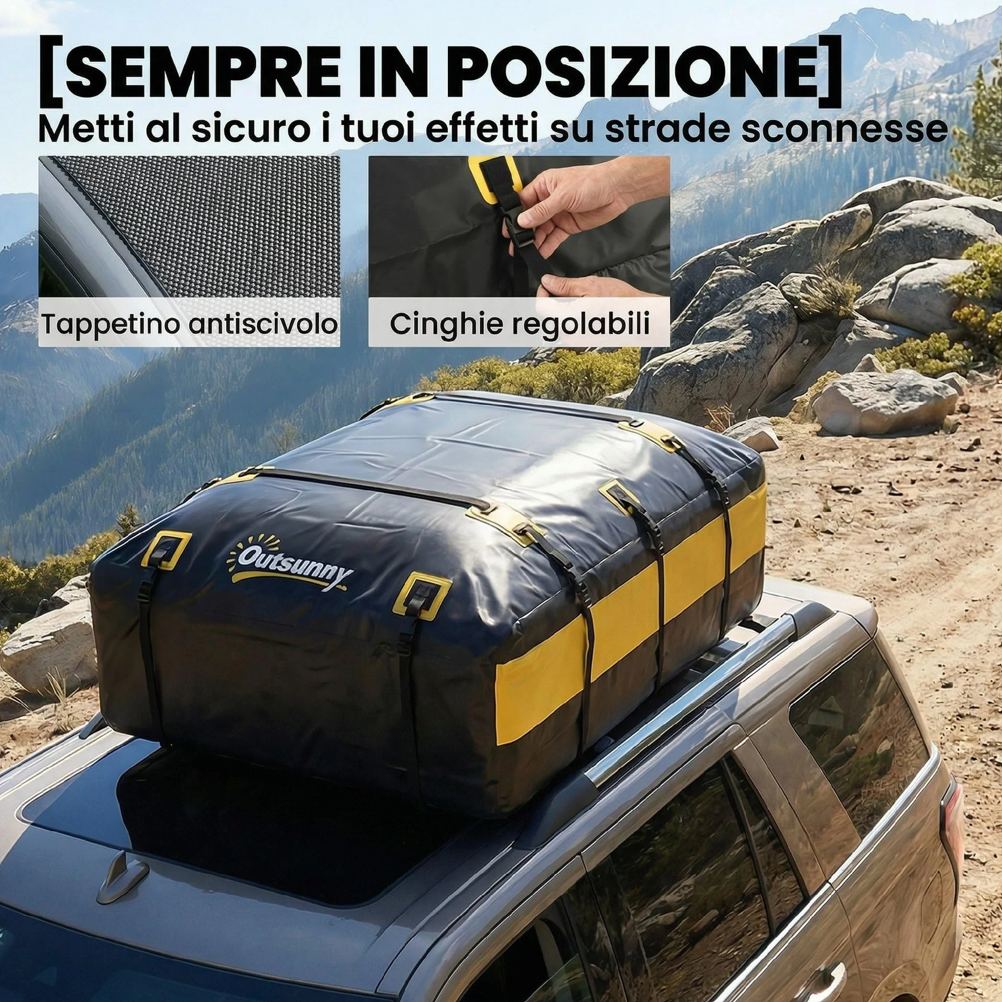 Outsunny Portabagagli da Tetto 595 Litri Impermeabile, Borsa da Tetto Auto con 6 Cinghie Rinforzate, Tappetino Antiscivolo e Ganci per Portiere, Adatto a Tutti i Veicoli con o senza Barre, Giallo