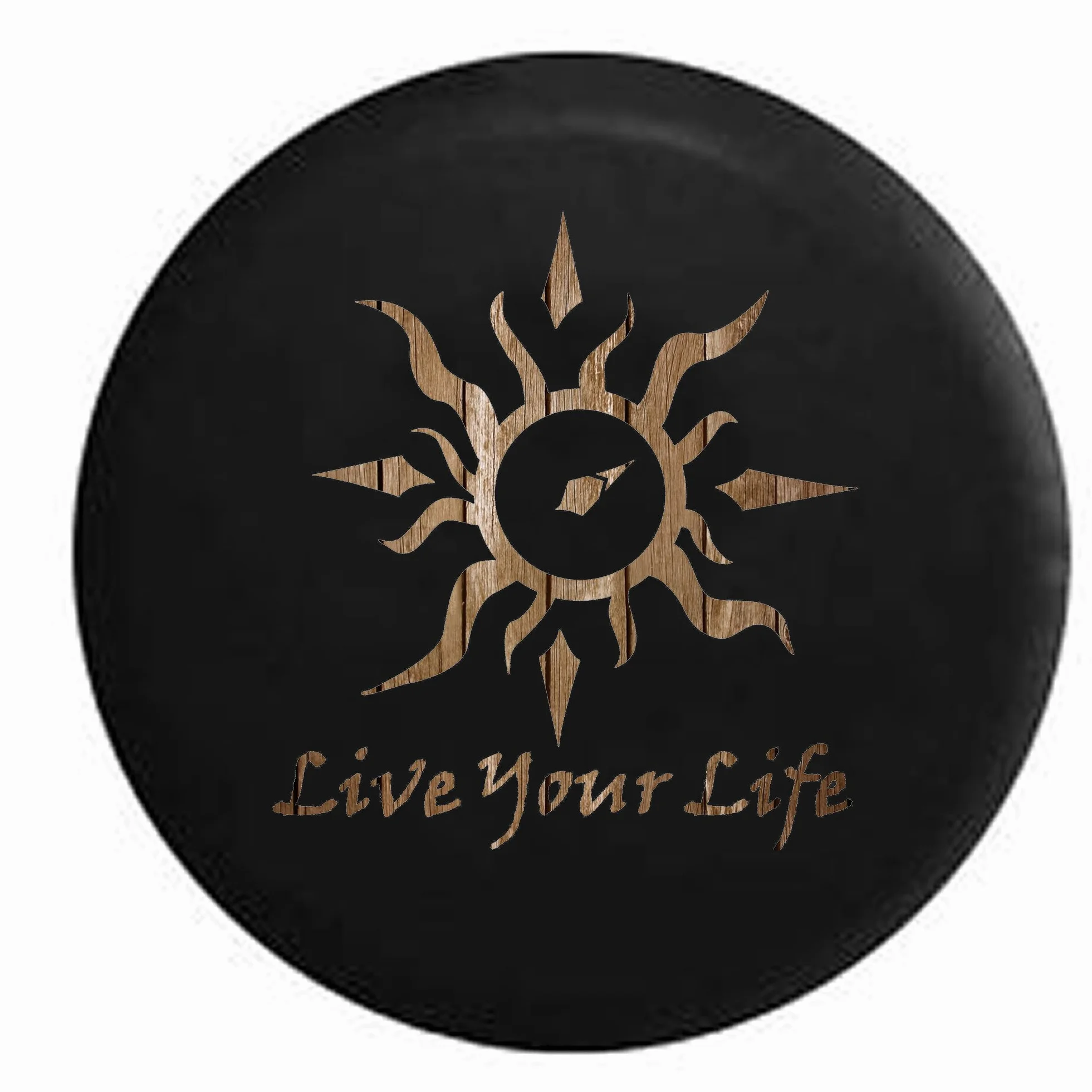 Vivi La Tua Vita Bussola Tribale del Sole Copri Ruota di Scorta in Legno Invecchiato Premium 14 Inch