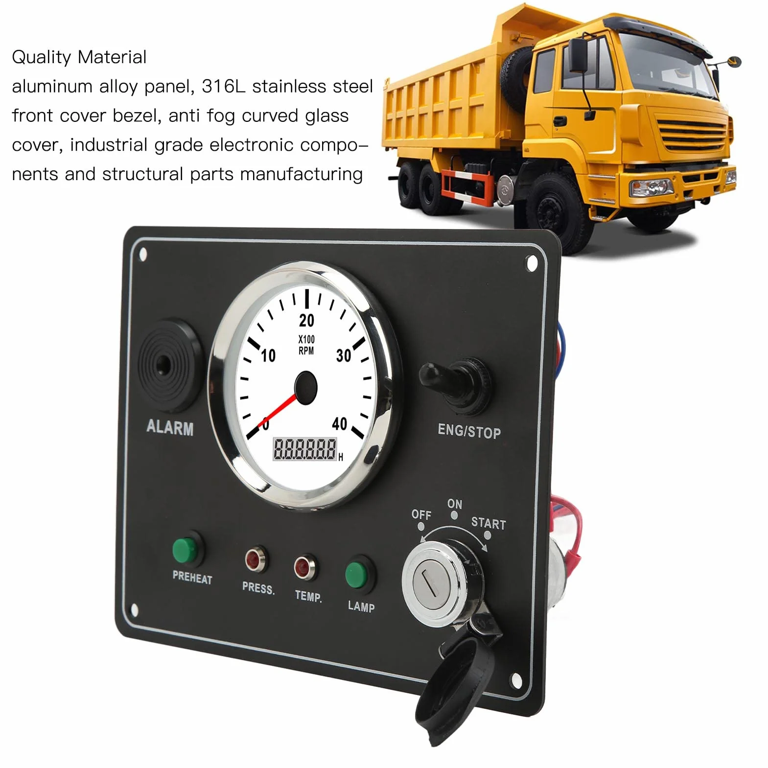 Quadro Strumenti per Barca Impermeabile IP67 con Contagiri - Multifunzione - 4000 Giri/min - Arresto Motori Accensione ON OFF - Allarme Temperatura acqua. (12V)