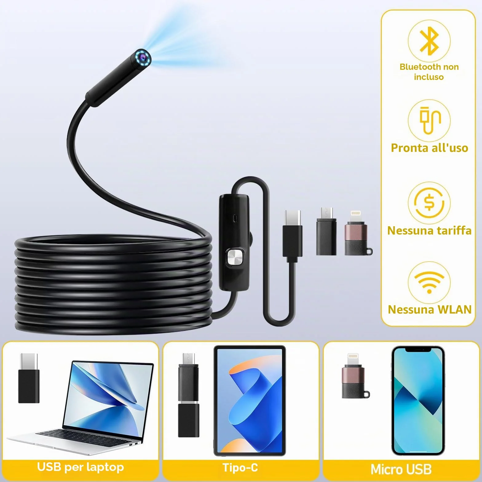Endoscopio 1080P HD impermeabile IP67 con luce LED 5m tipo C per Android iOS tablet