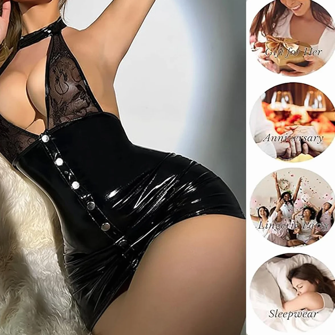 Abito da donna in pelle laccata con dettagli in pizzo e collari