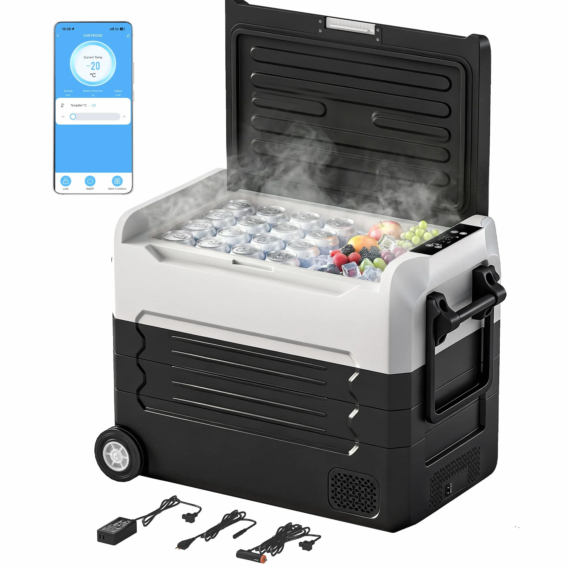 Outsunny Frigorifero Portatile per Auto 50L a Doppia Zona con Compressore, Frigo Elettrico Anti-Shock, APP Bluetooth, Ruote, Maniglia Pieghevole, 12V/240V, -20°C a 20°C, per Campeggio Camion Barca