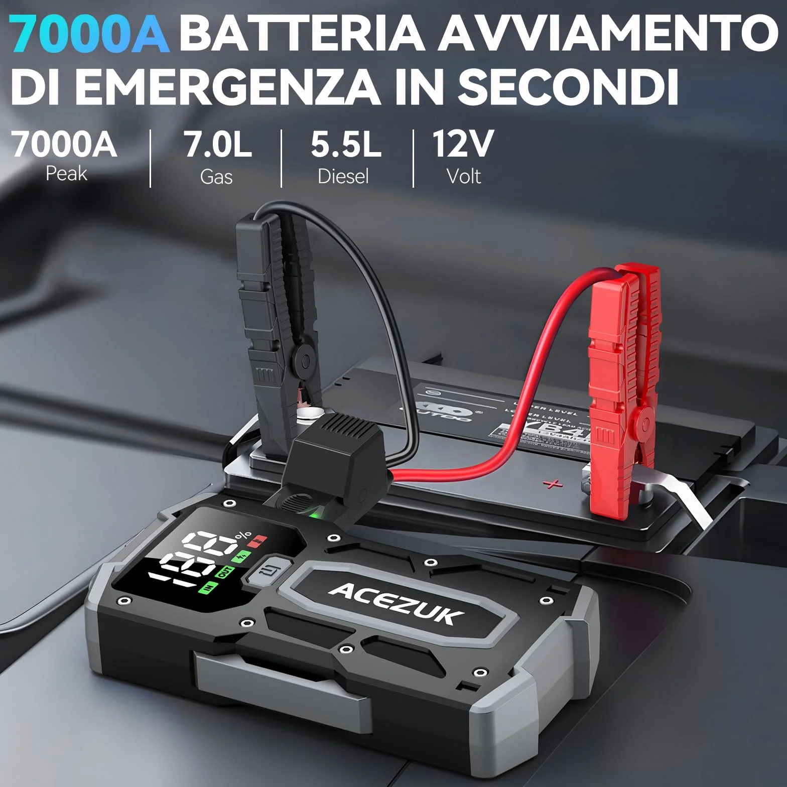 ACEZUK Avviatore Batteria 7000A Jump Start Portatile con LED LCD Booster Avviamento