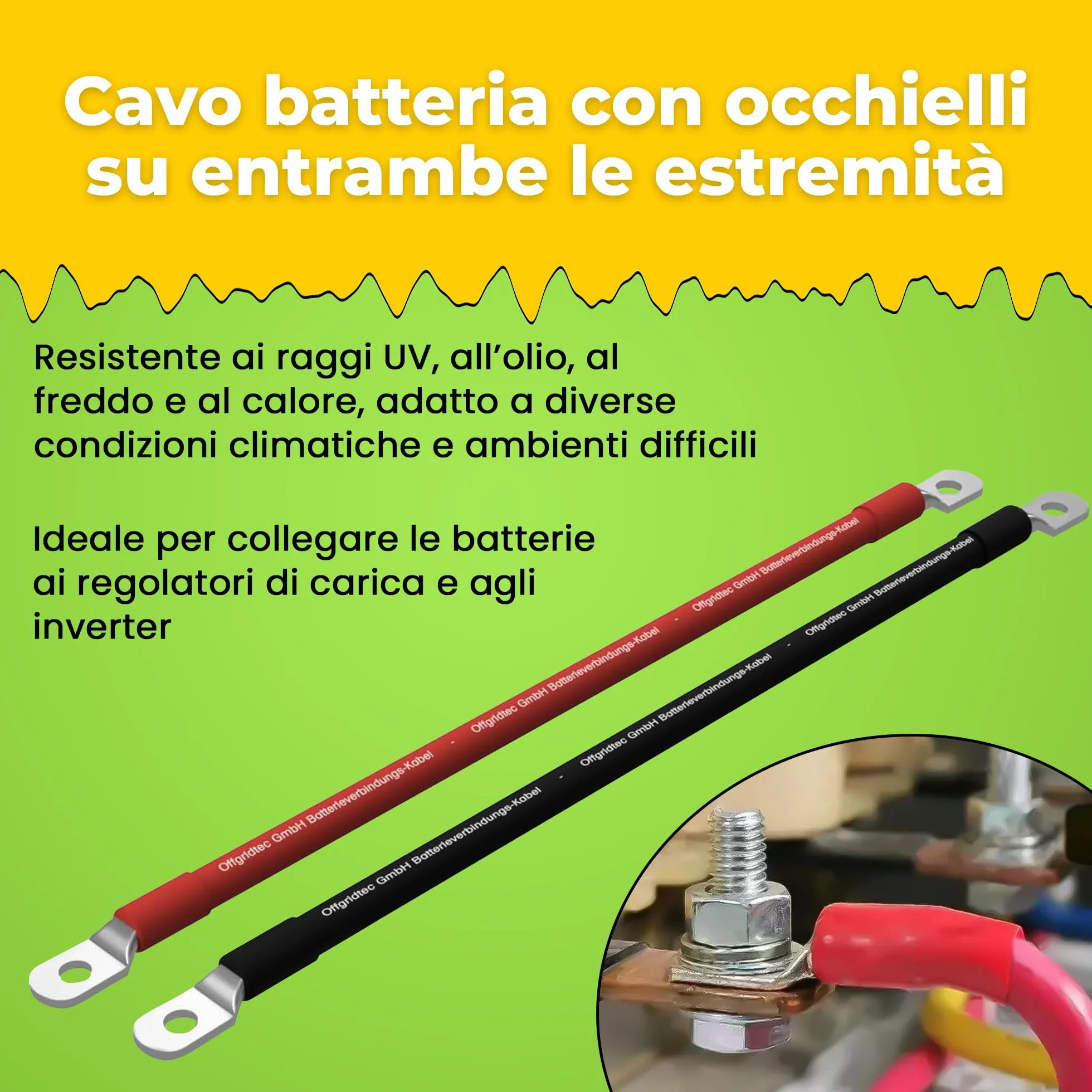 Offgridtec Cavo Batteria 1 m 50mm² con capicorda M8 su Entrambi i Lati, Resistente Olio/Freddo/UV, ritardante di Fiamma, per dispositivi con terminale a Vite M8, Ideale regolatori Carica, Rosso/Nero