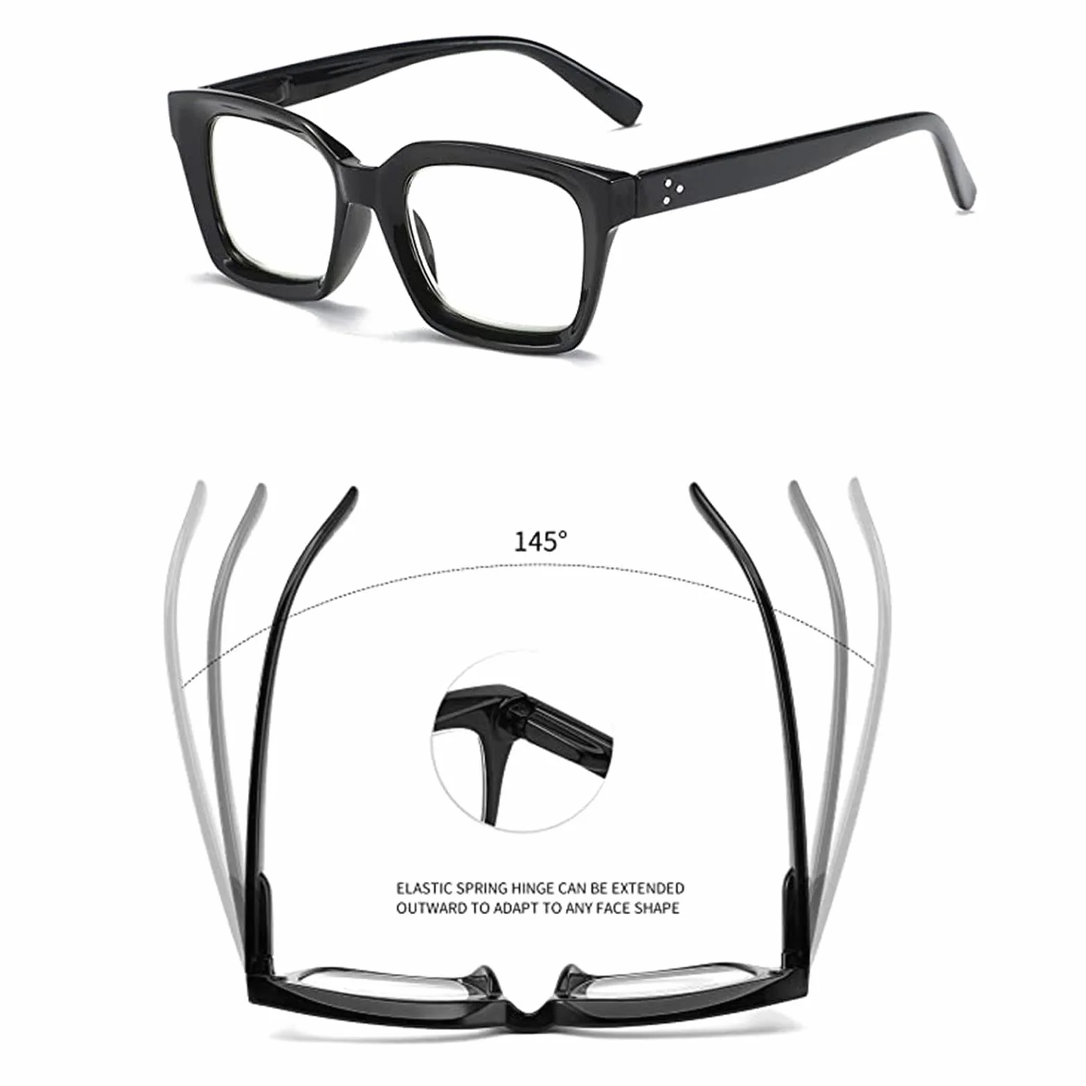 Hubeye Okulary do czytania Kobieta Mężczyzna Kwadratowa Duża Oprawka z Zawiasami Sprężynowymi Okulary Anty-światło Niebieskie (Czarny+Czarny, 1.50)