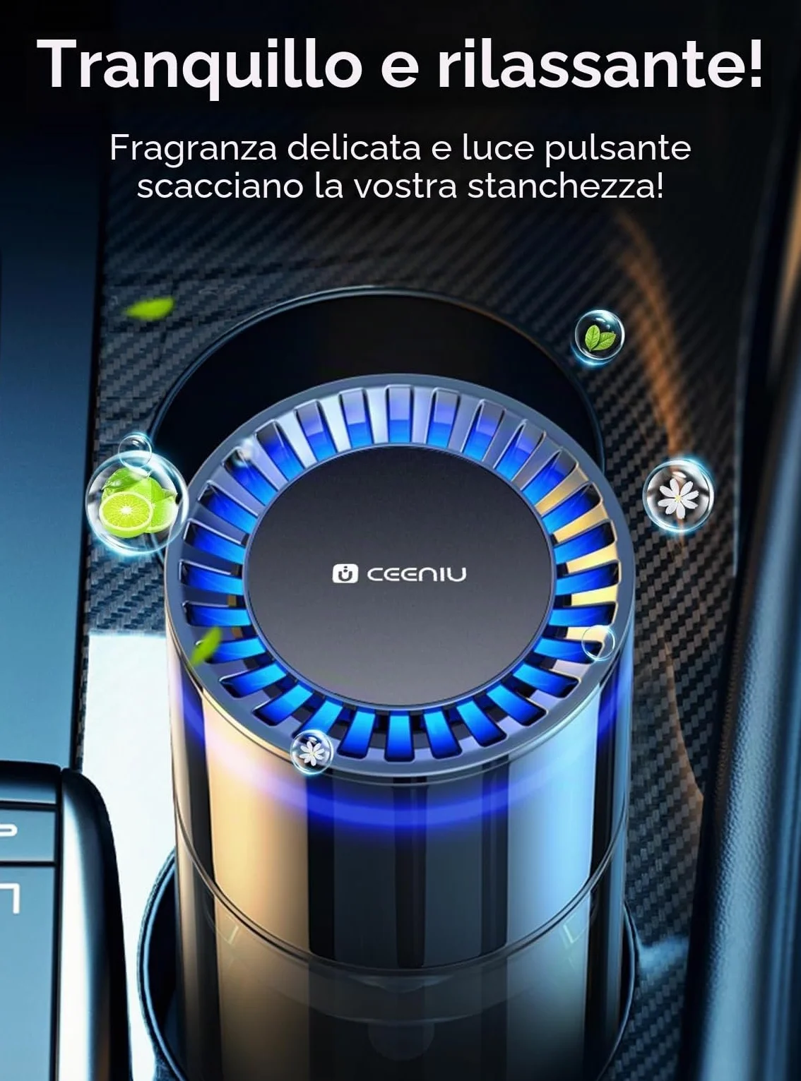 Profumatore Auto Ceeniu CF3 135 ml Grande Capacità 4-8 Mesi Luce Ambientale Silenziosa Auto On/Off Concentrazione Regolabile 2 Modalità