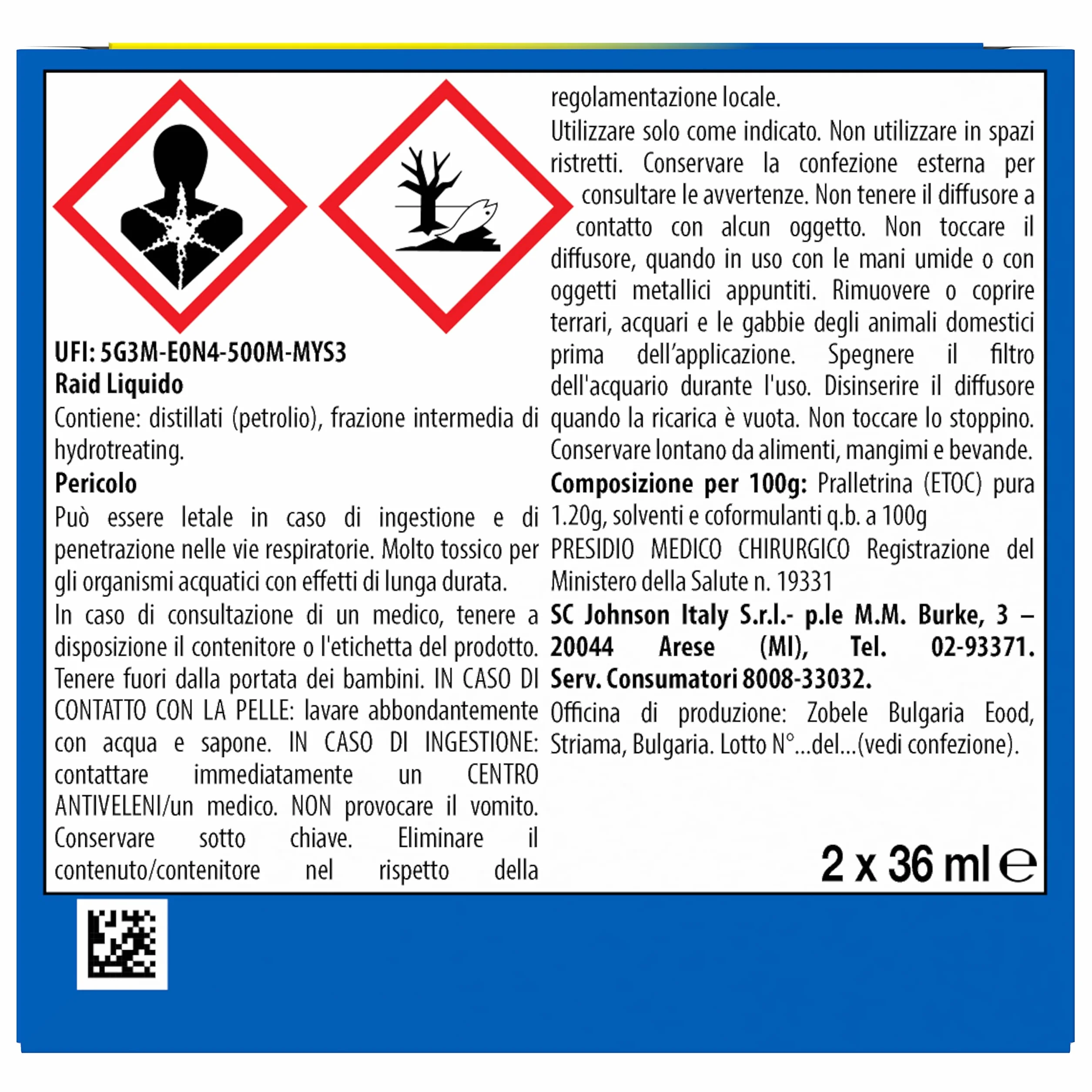 Raid Liquido Elettrico Antizanzare Doppia Ricarica 36ml x2, 120 Notti