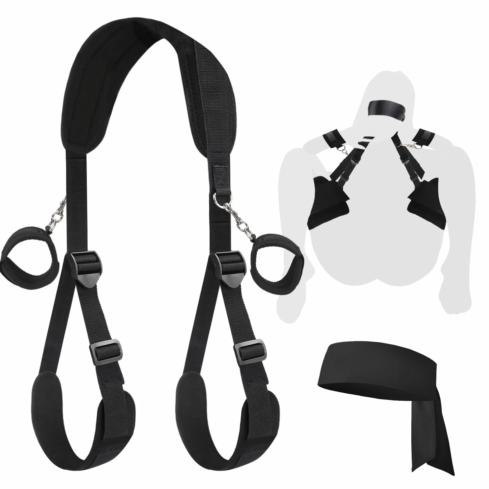 BDSM Bondage Kit Giochi Erotici per Coppie con Cinghie Staccabili, Benda, Manette Nere