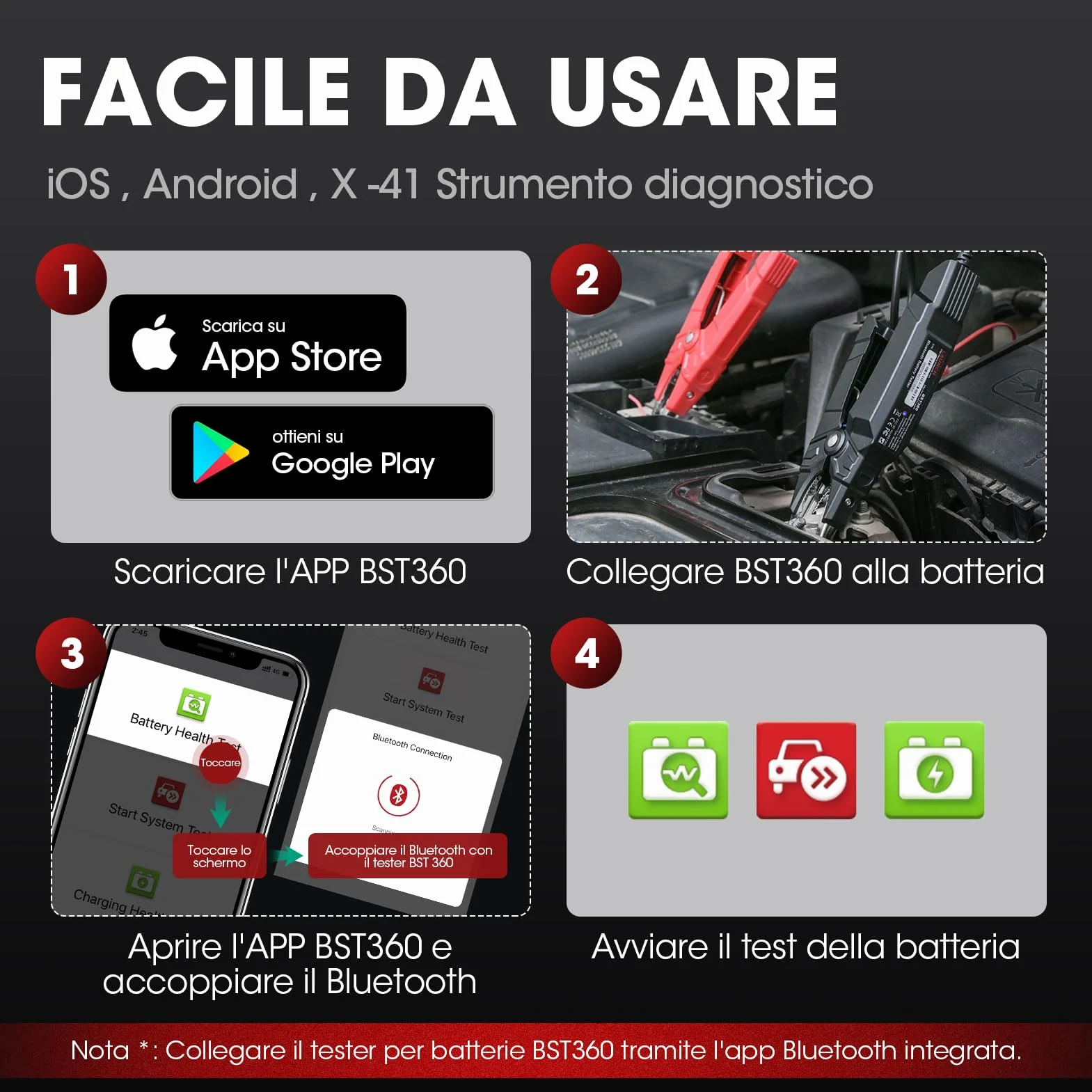 LAUNCH BST360 - Tester batteria auto 12 V, 100-2000 CCA Bluetooth strumento analizzatore della batteria Auto, test di salute di ricarica per auto camion moto ATV SUV barca Yacht