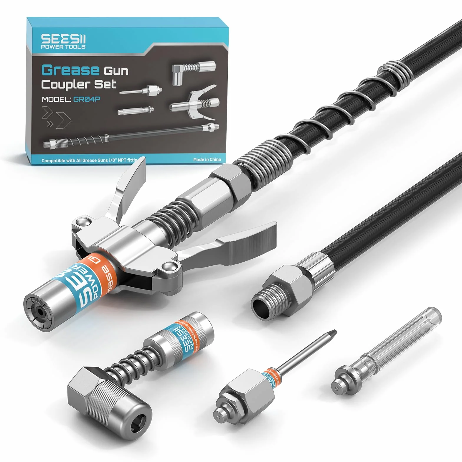 Seesii Kit di Accessori per Ingrassatore GR04P, Testina Professionale, Adattatore 90°, Tubo Flessibile 30 cm, 2 Puntali