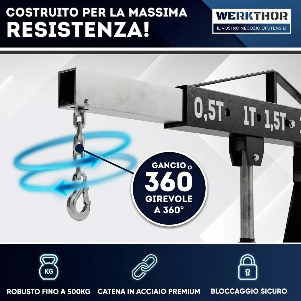 Gru da officina 500 kg idraulica non pieghevole a motore per auto nera con 4 ruote e catena di bilanciamento