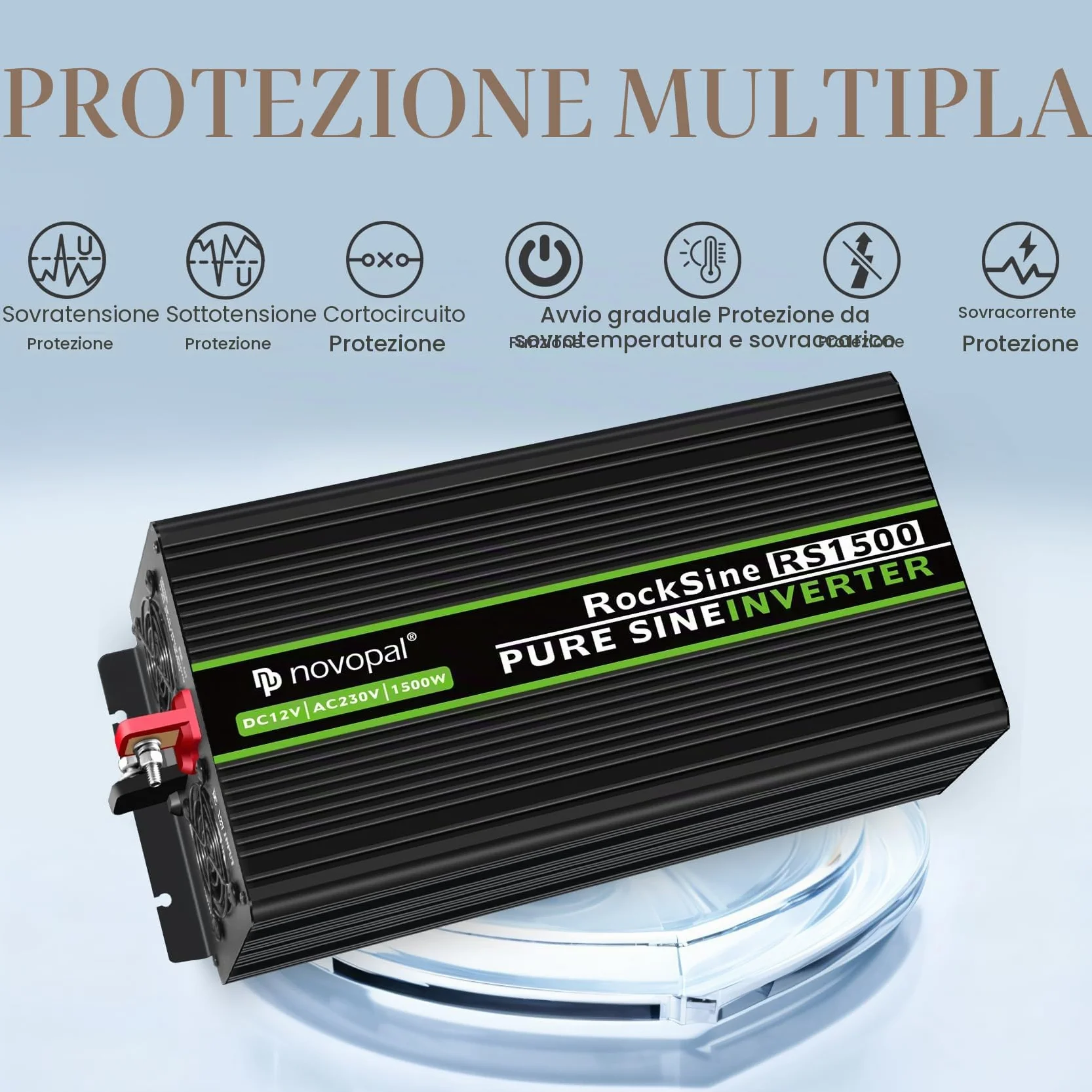 Novopal Inverter Onda Sinusoidale Pura 1500W DC 12V AC 220V 230V Convertitore di Tensione con Telecomando 5M