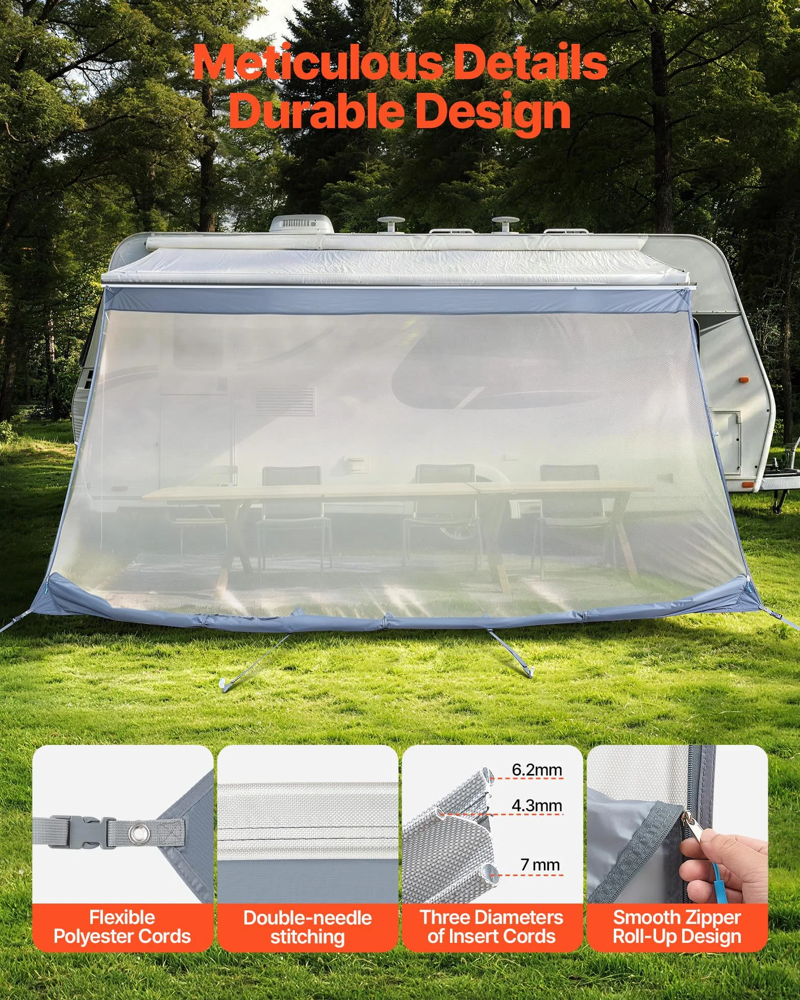 VEVOR Parasole per Camper Roulotte 2 x 3,7 m Pannello Frontale Tenda da Sole Poliestere Anti UV50+