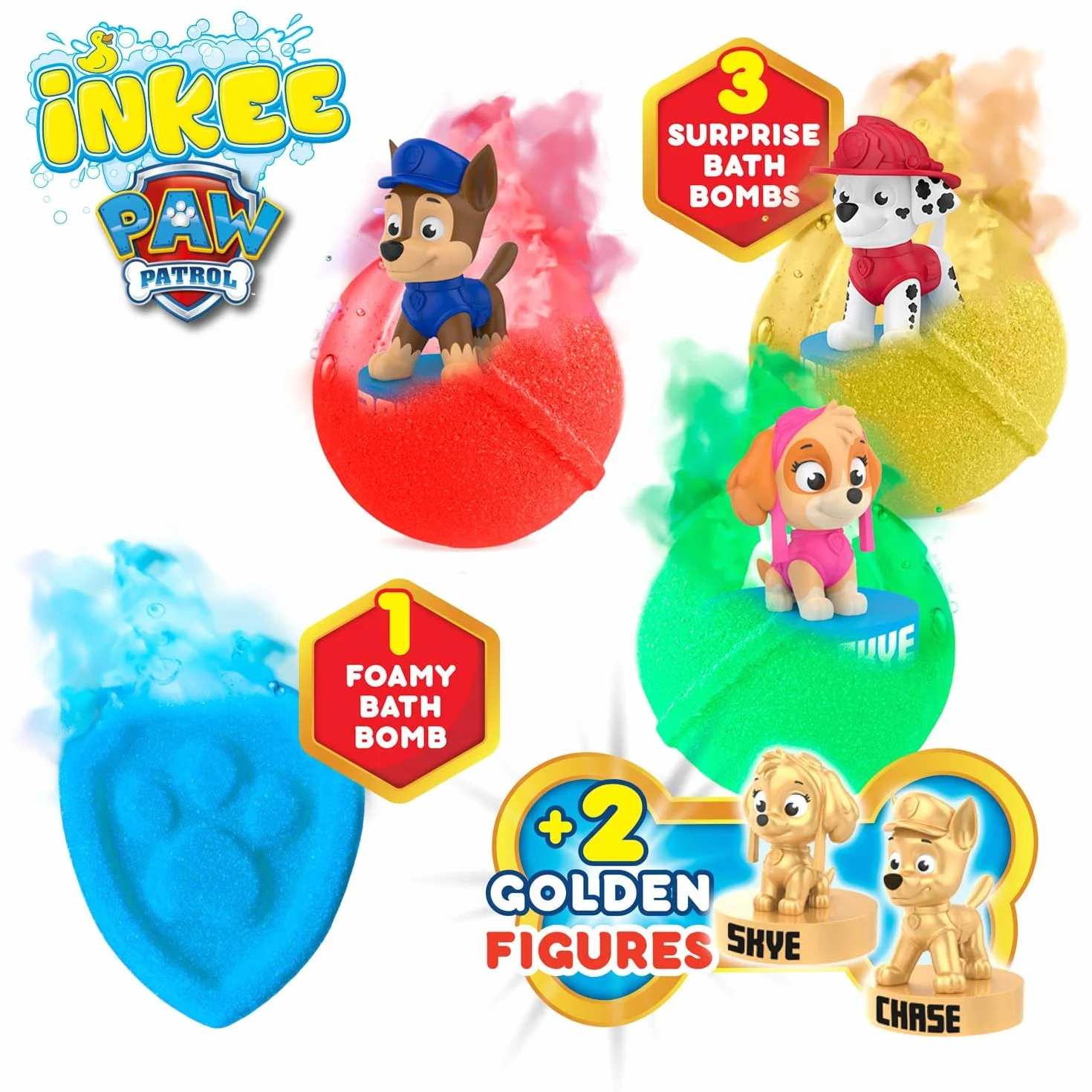 Confezione regalo INKEE PAW PATROL - 4 bombe da bagno per bambini con olio di mandorle e 5 figure da collezionare