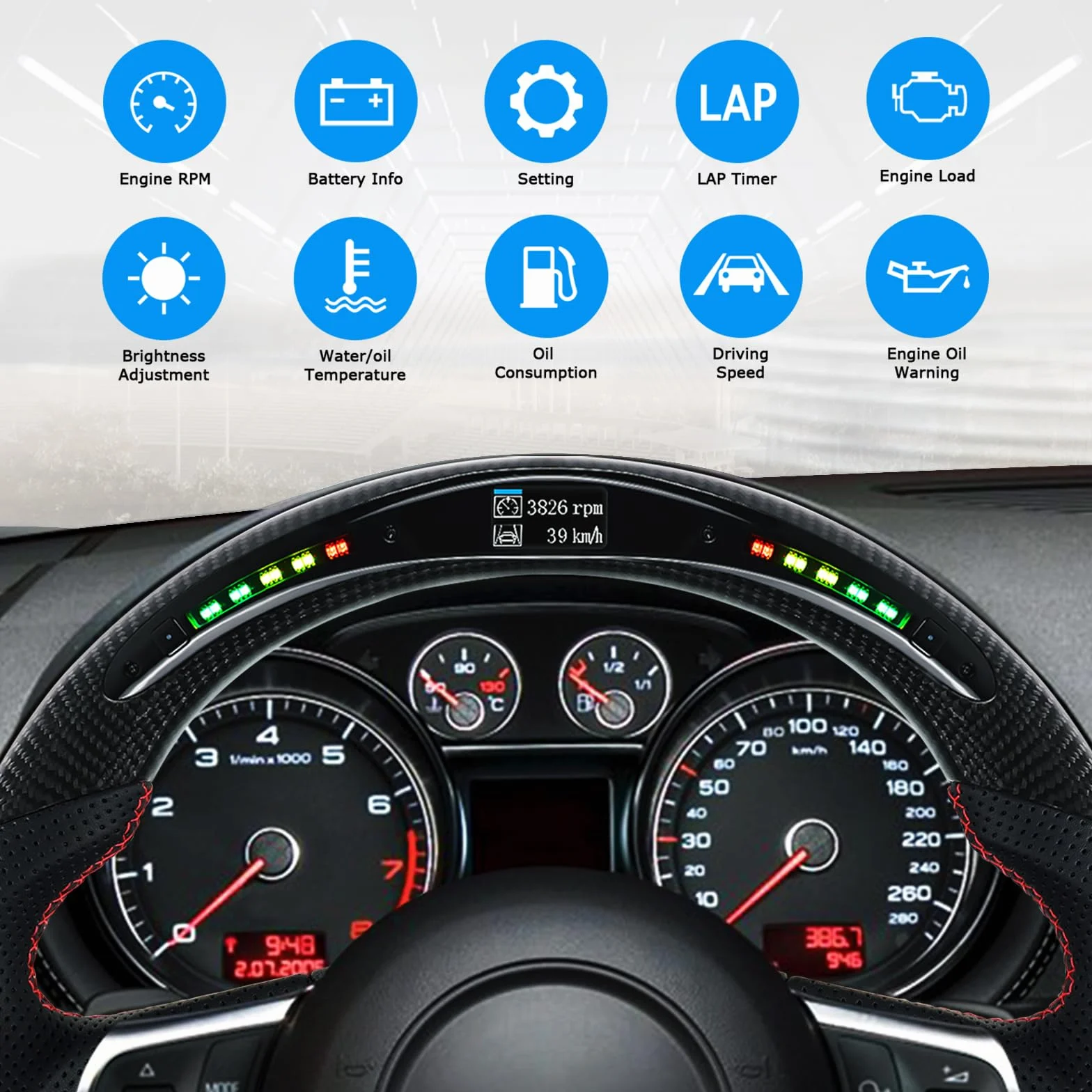 Volante in fibra di carbonio per Audi TT TTRS R8 2007-2015, fondo piatto, LED, pelle traforata
