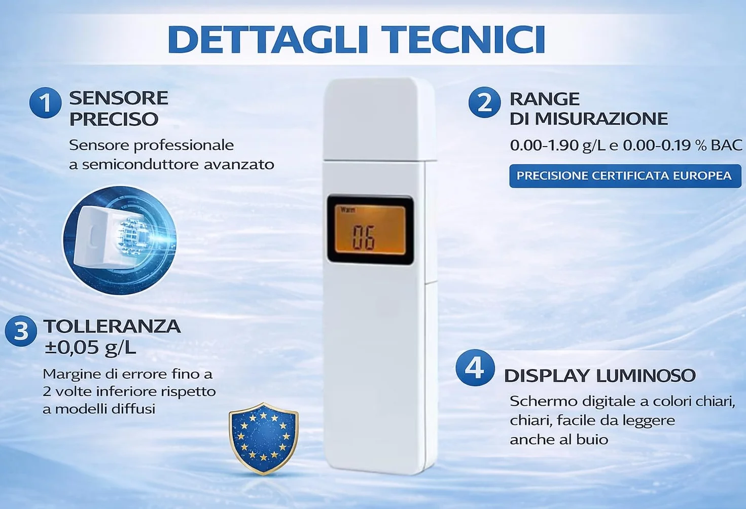 Generico Etilometro Professionale Certificato EN 15964 EN 16282 Alcol Test Digitale Preciso Sensore Display LCD