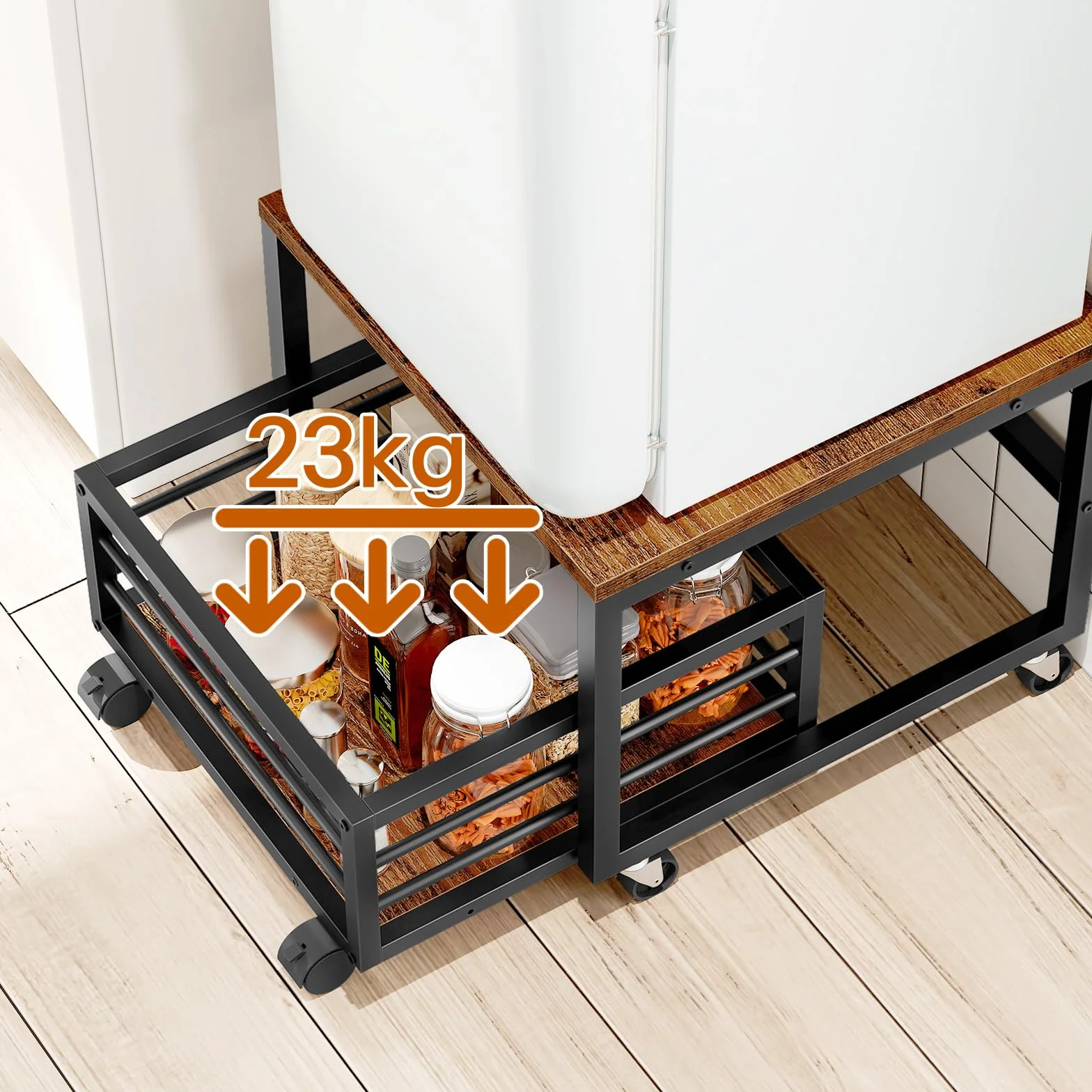 HOOBRO Supporto per Mini Frigo con Cassetto, Mobile Base per frigorifero con Ruote e Piedini Regolabili, Struttura in Metallo, Tavolo per Minifrigo per Casa, Ufficio, Marrone Vintage e Nero EBF155TL01
