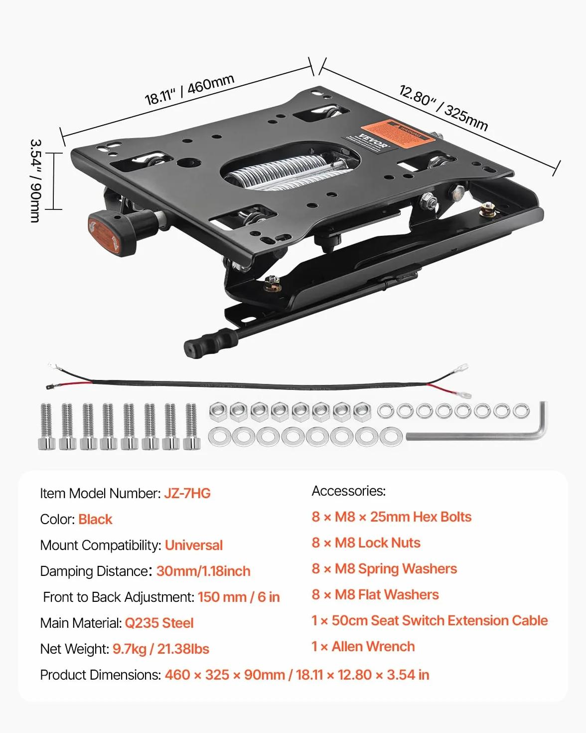 VEVOR Kit di Sospensione del Sedile con Binario Scorrevole, Sospensione Universale del Sedile ad Aria per Tosaerba a Raggio di Sterzata Zero, Regolabile 150 mm Avanti a Indietro, per Bulldozer, Nero