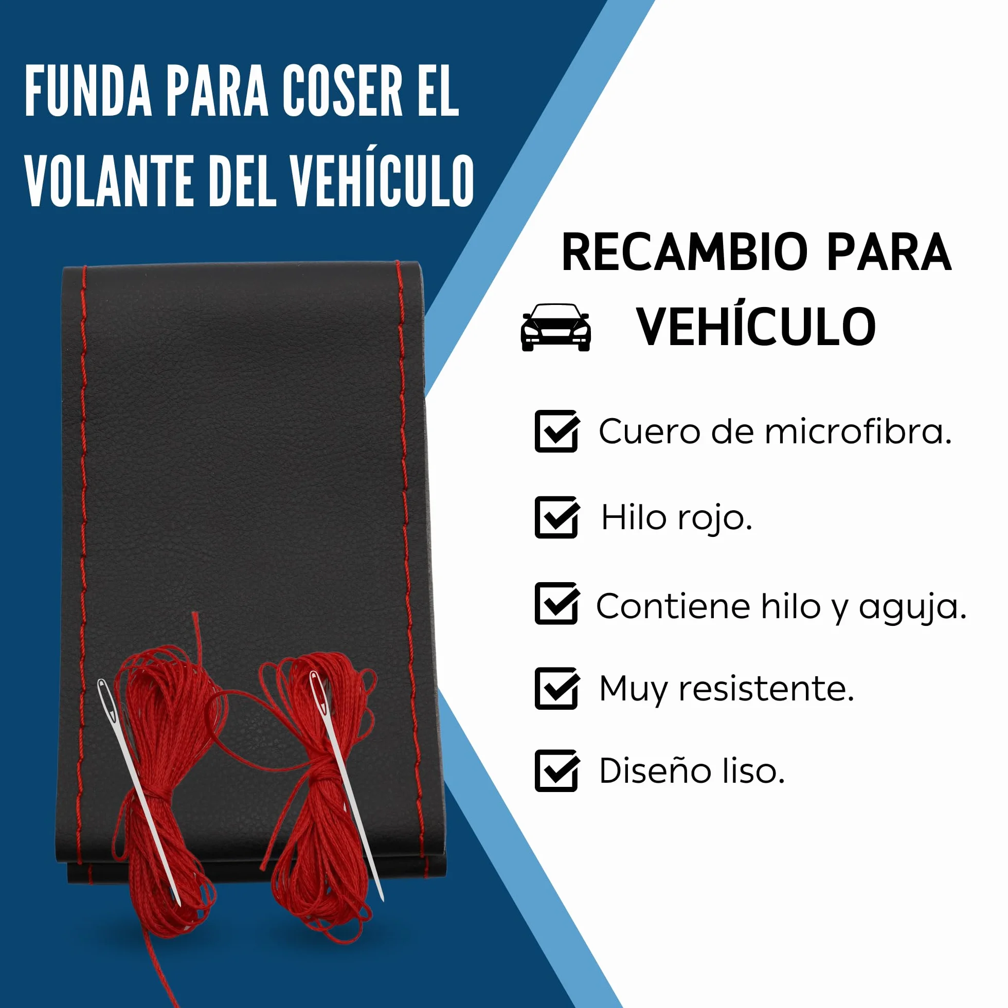 AUTOZOCO Coprivolante auto con aghi e filo, diametro 37/38 cm, antiscivolo, nero con filo rosso