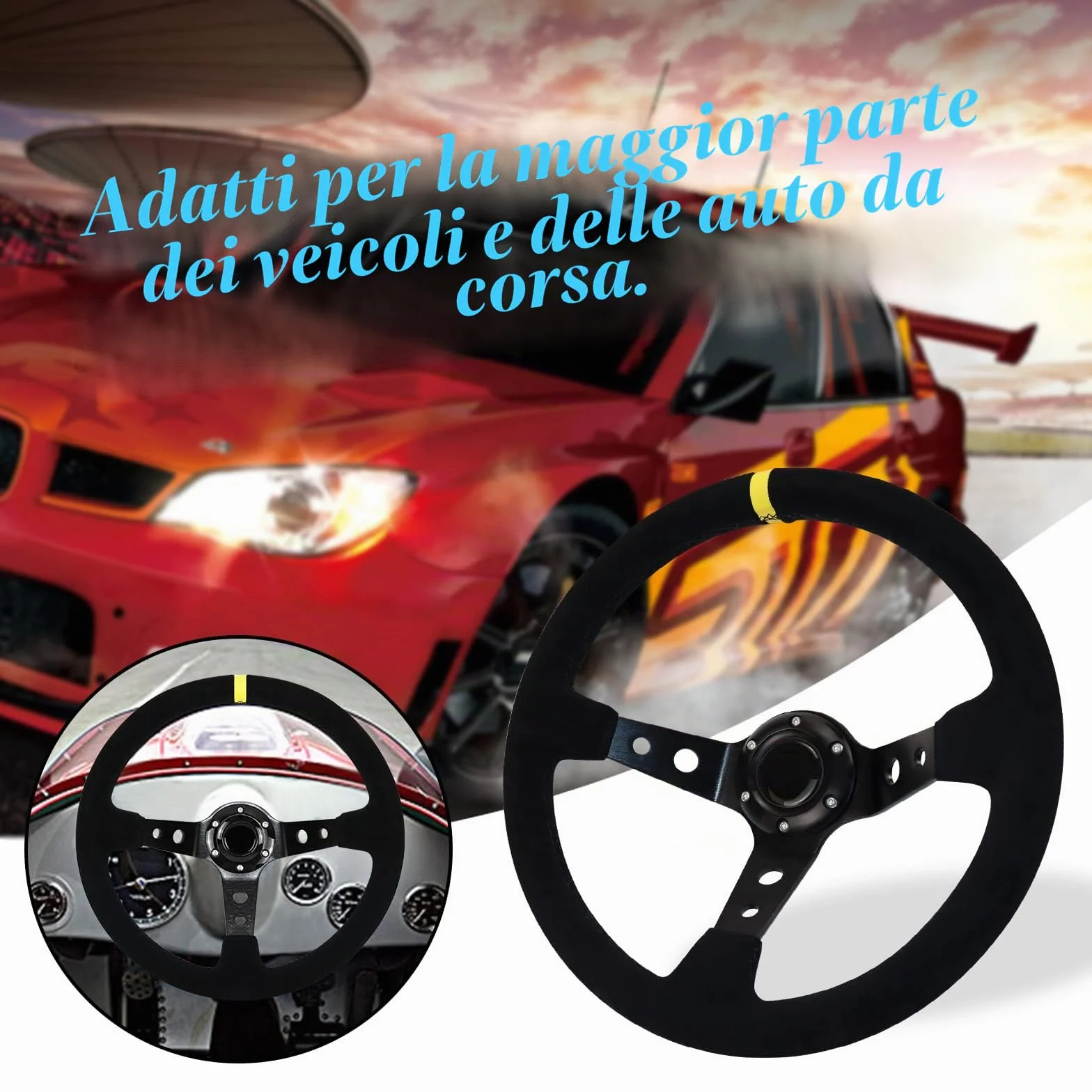 Volante da corsa universale 13,6" impugnatura pelle scamosciata Deep Dish con pulsante clacson nero