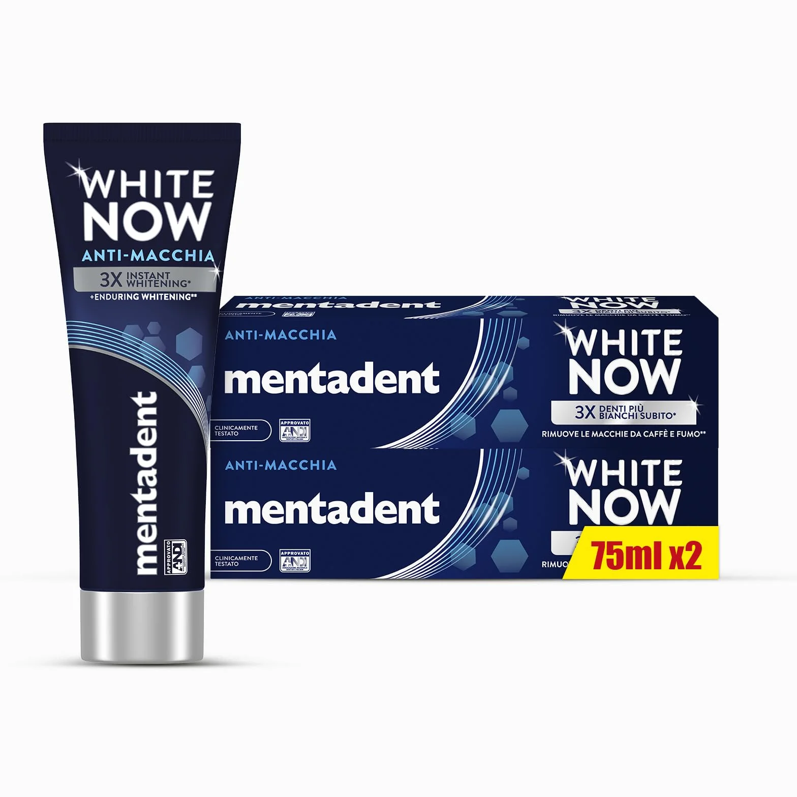 Mentadent Dentifricio White Now Anti-macchia Sbiancante con White-Correct e White-Infinity Technology, 2x75ml