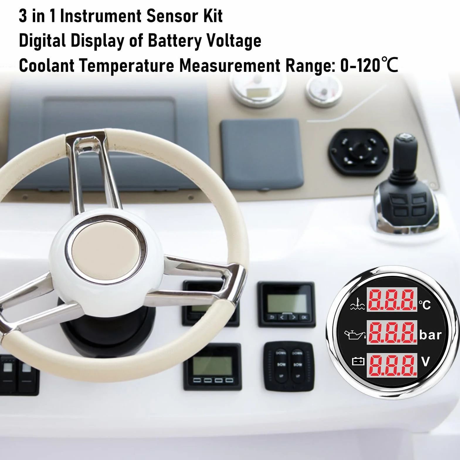 Kit sensore strumento 3 in 1 Temperatura liquido di raffreddamento motore Misuratore di pressione olio Voltmetro batteria Auto Barca 52mm Display digitale retroilluminato (Copertura argentata con