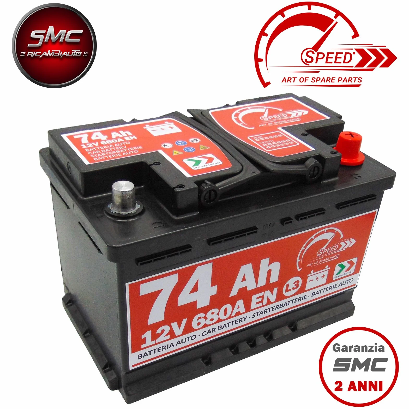 BATTERIA AUTO SPEED BY SMC 12V 74AH 680A CON POLO POSITIVO A DESTRA L374 CODICE