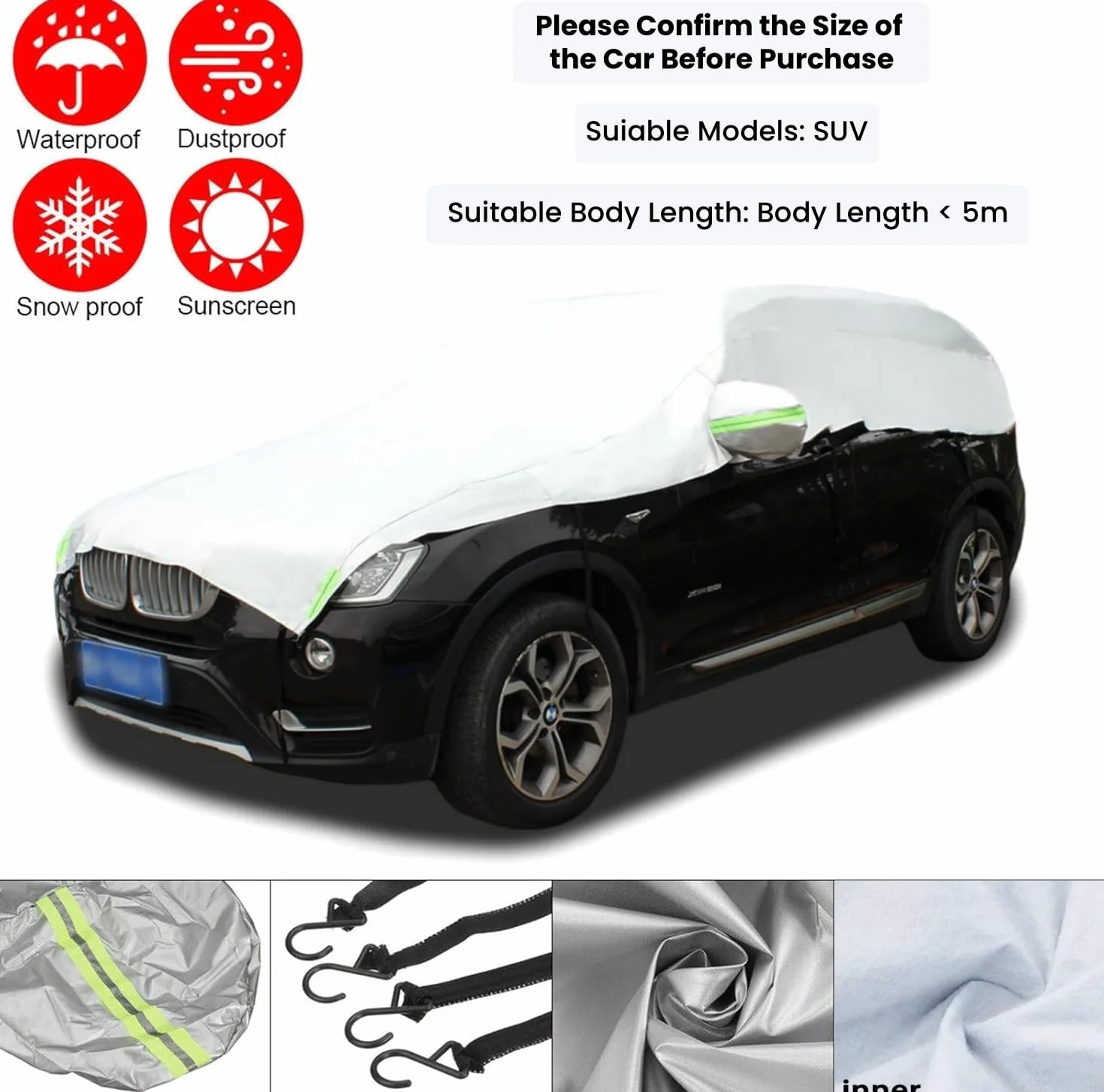 Telo Copriauto Impermeabile Invernale Esterno, Mezza Copertura per Auto con Strisce Riflettenti e Corde Antivento, Mezzo Telo Auto Resistente a Polvere, Graffi, Neve, Universal (SUV)