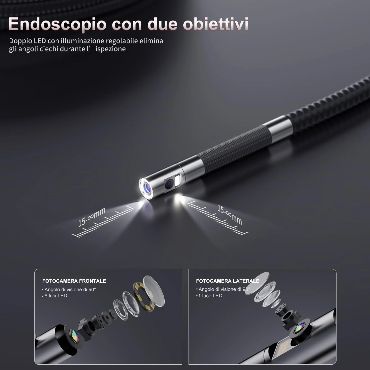 Ralcam Telecamera Endoscopica Borescopio Doppio 6,5 mm Testa Mobile 180° Schermo HD IPS 5" Impermeabile IP67 Cavo Semirigido 1,5 m