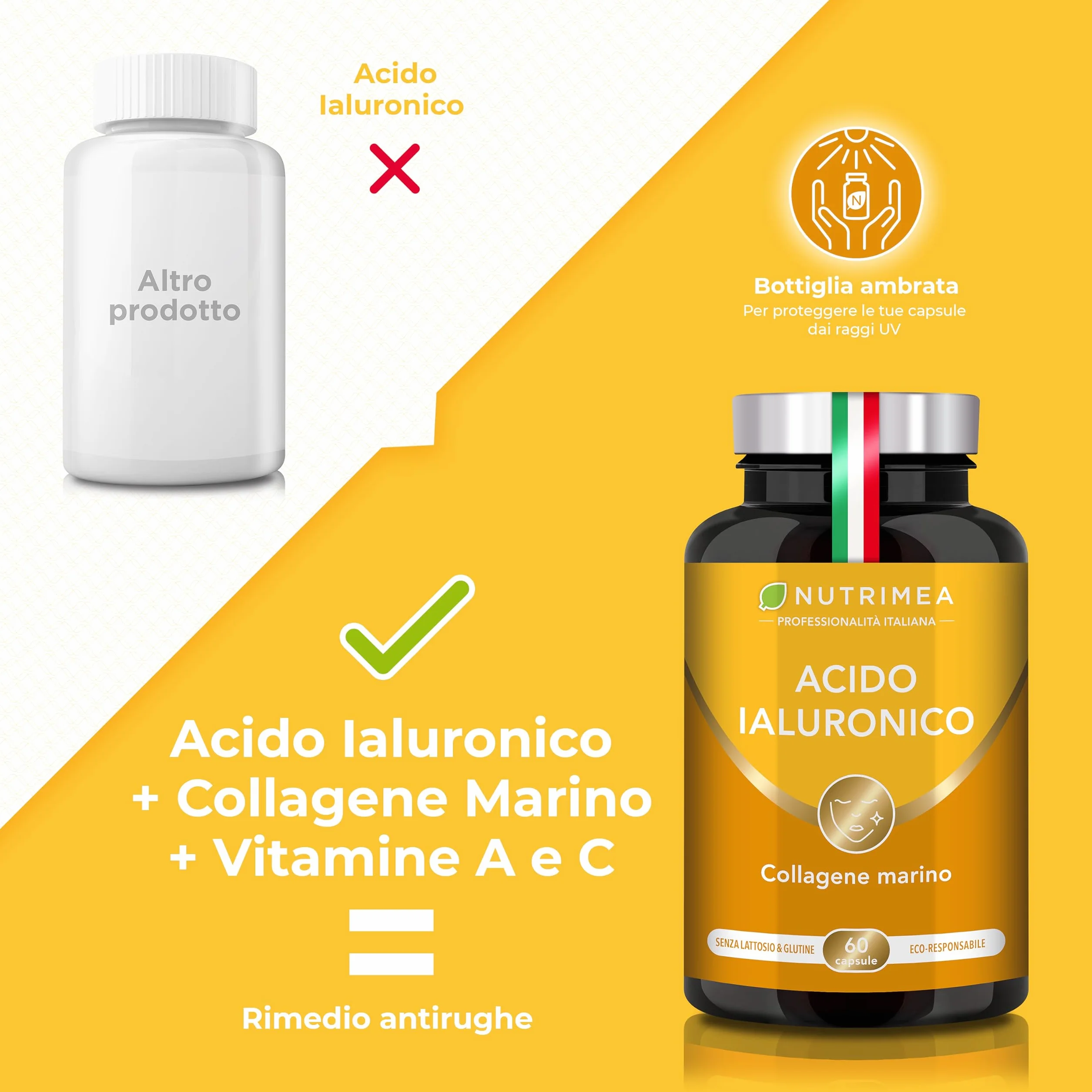 Acido Ialuronico con Collagene Marino Vitamina A C Antirughe Anti-age 60 Capsule