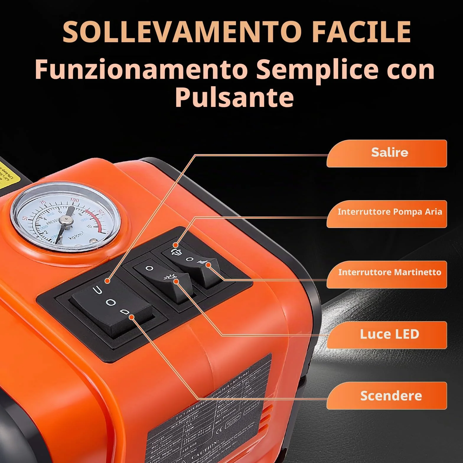 Cric idraulico elettrico 5T 12V 180W con pompa gonfiabile e luce LED 150-540 mm per auto SUV
