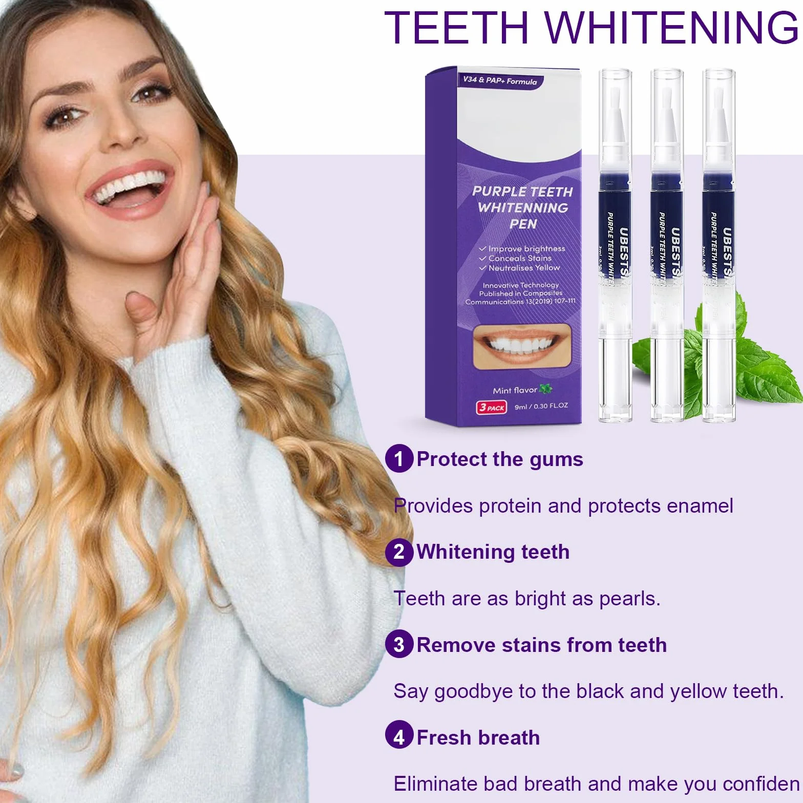 Penna Sbiancante per Denti Professionale, Gel Sbiancamento Dentale 3 Pezzi, Ridurre Macchie da Caffè Tè e Fumo