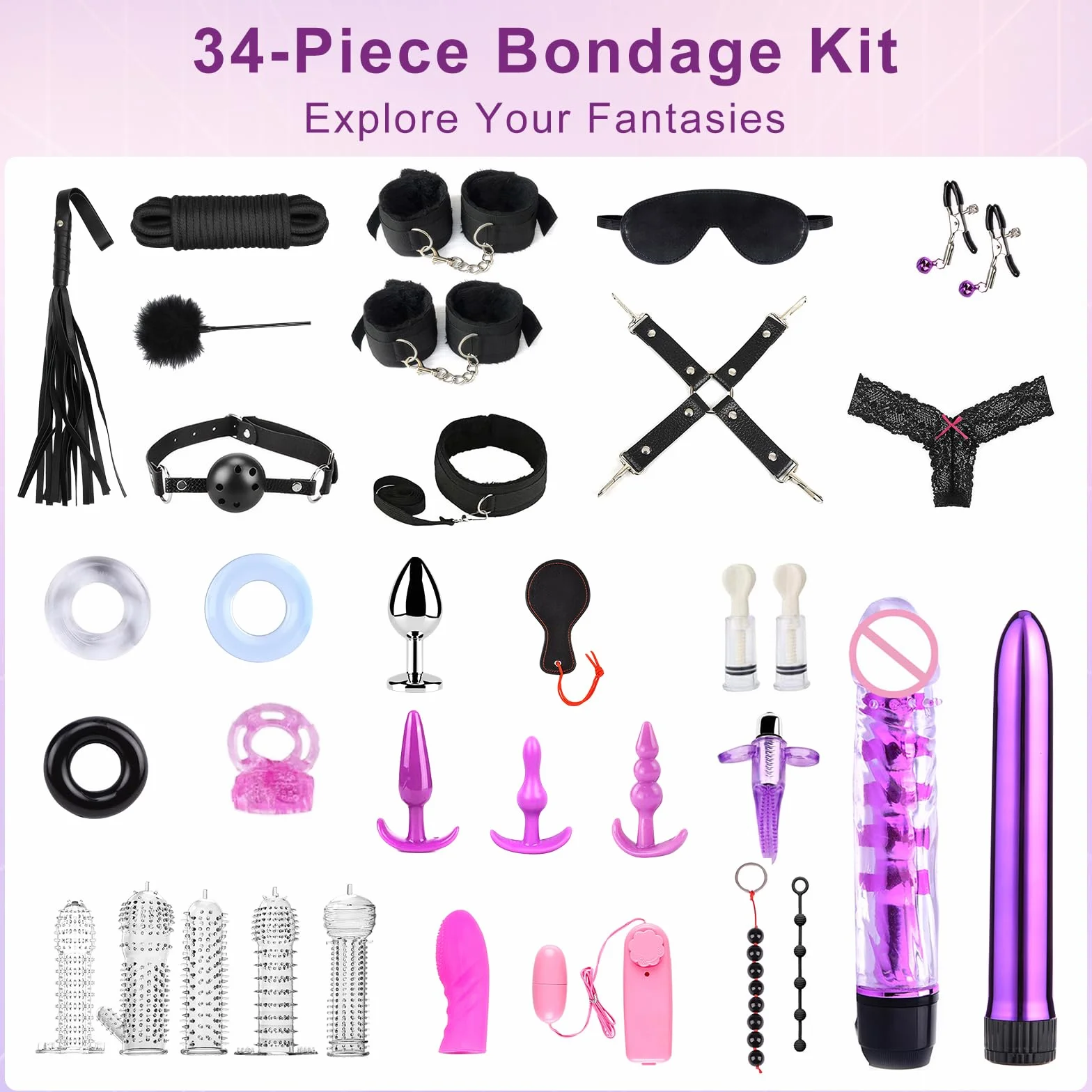 Kit bondage SM Oziral 34 pezzi BDSM Set per letto giocattoli sessuali coppie accessori principianti plug anale nero