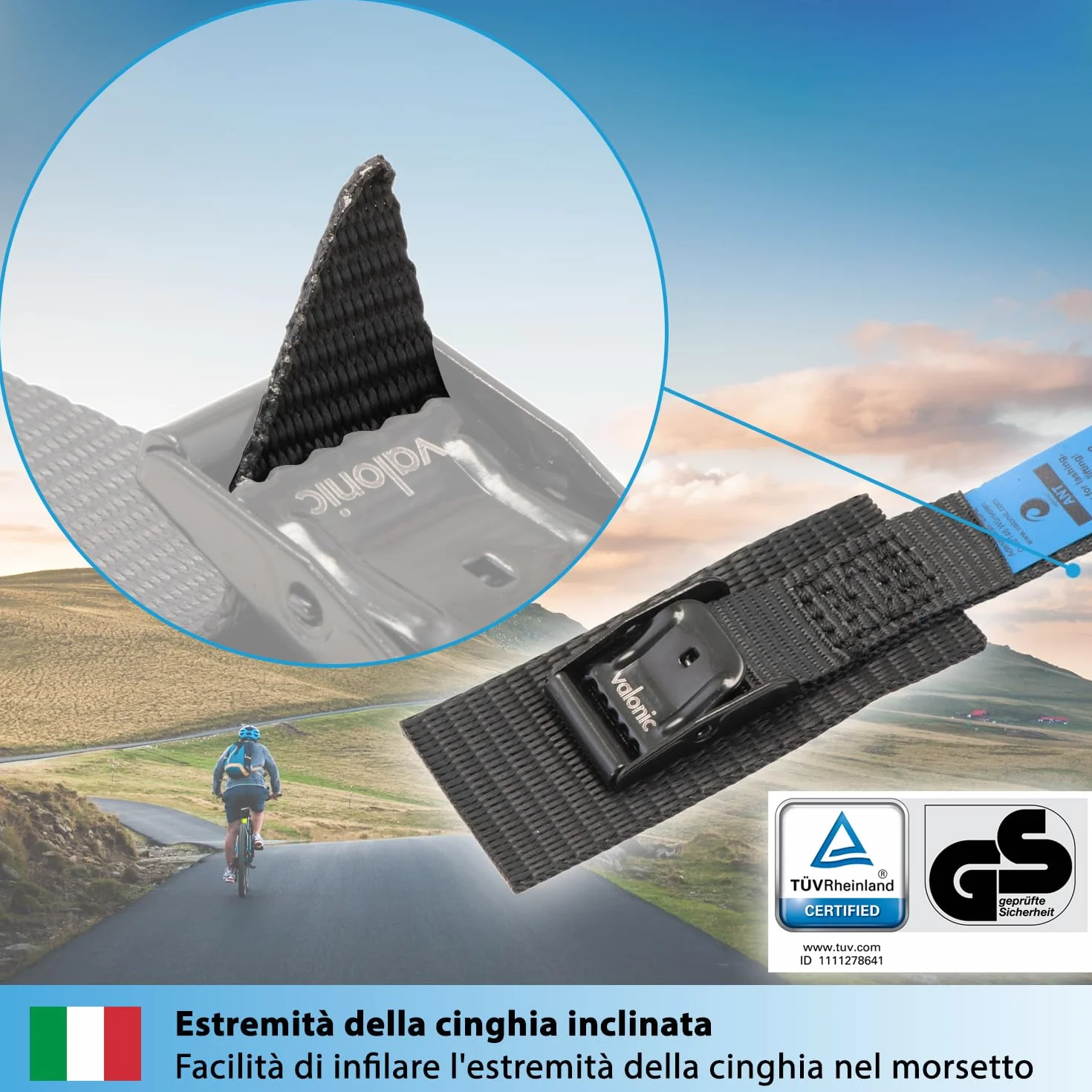 Valonic Cinghie di Fissaggio 35cm 19mm 80kg Imbottite Certificate TÜV Rheinland GS EN-12195-2 Nero