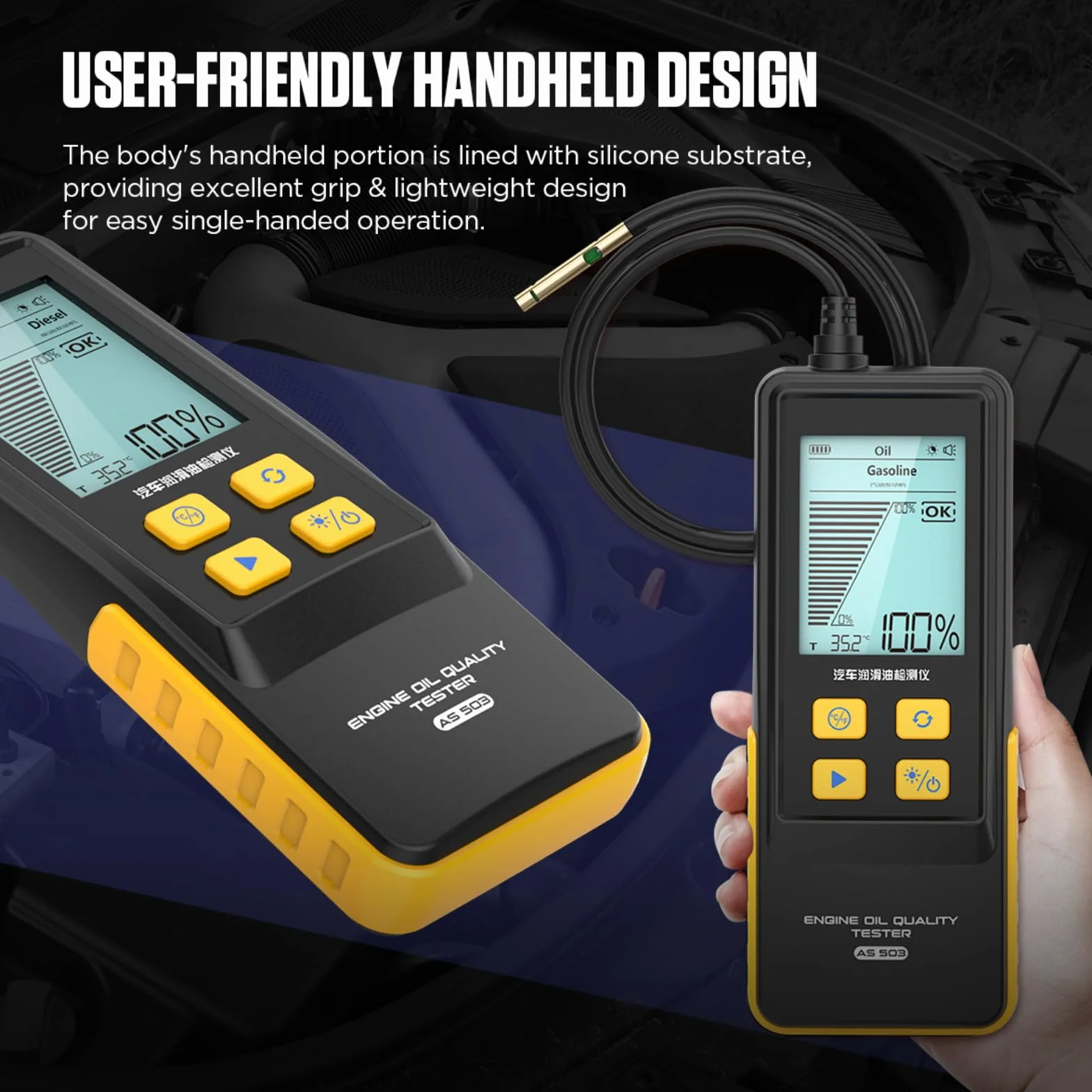 Tester di qualità dell'olio Motore AS503 Tester dell'olio Motore con Schermo da 2,8", sonda di rilevamento ad Alta precisione, Display della Temperatura dell'olio di Trasmissione per Benzina e Diesel