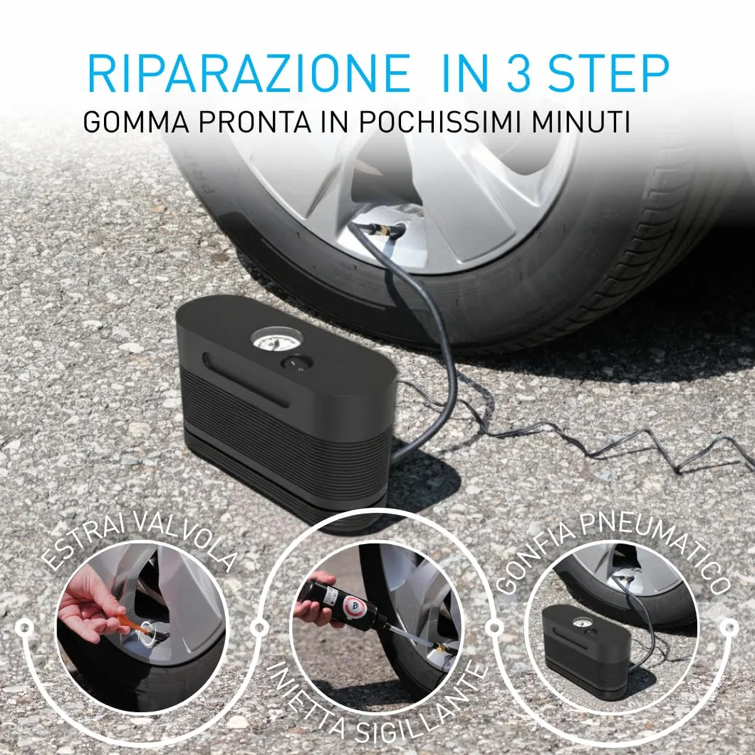 Fix&Go AIR Kit Riparazione Pneumatici Auto Compressore Aria Portatile 12V, Gonfiaggio e Ripara Gomme Forate, Sigillante Ecologico Safe TPMS