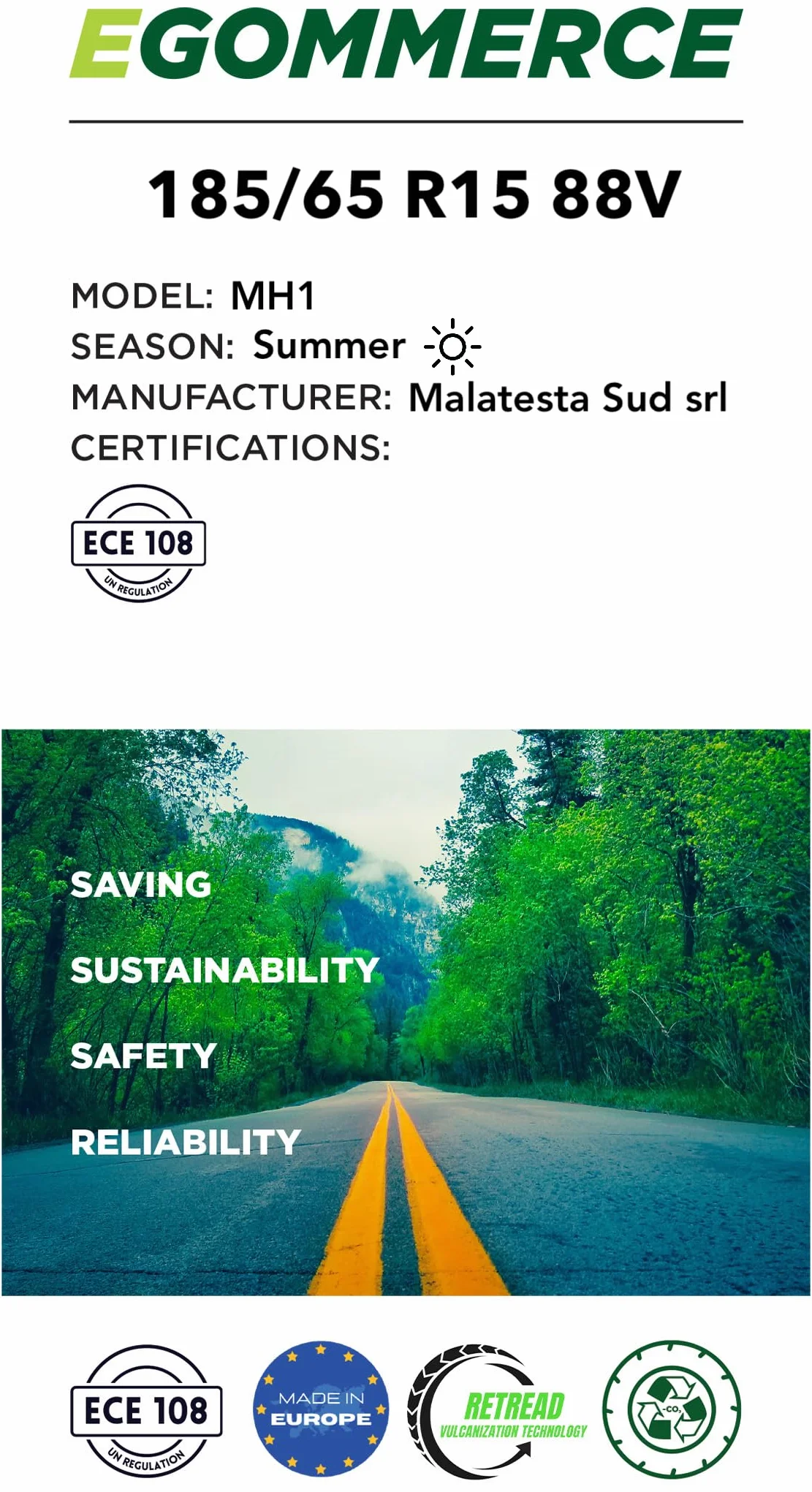 Pneumatico Auto Estivo MH1 185/65 R15 88V Made in Italy Ecofriendly Garanzia 2 Anni