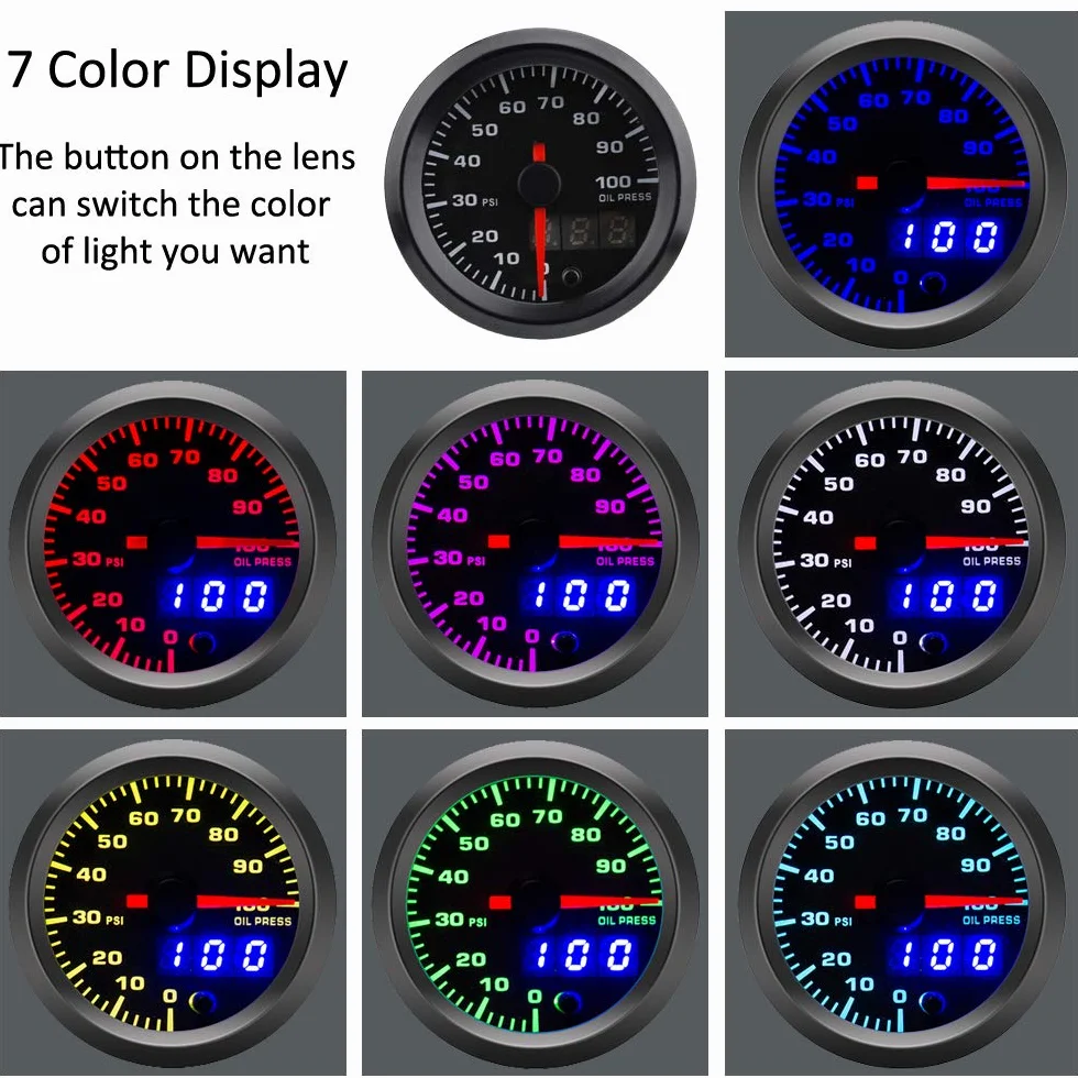 52mm Motore Auto Kit manometro dell'olio frantoio Puntatore Digitale Doppio Indicatore Luminoso a LED 7 Colori Universale