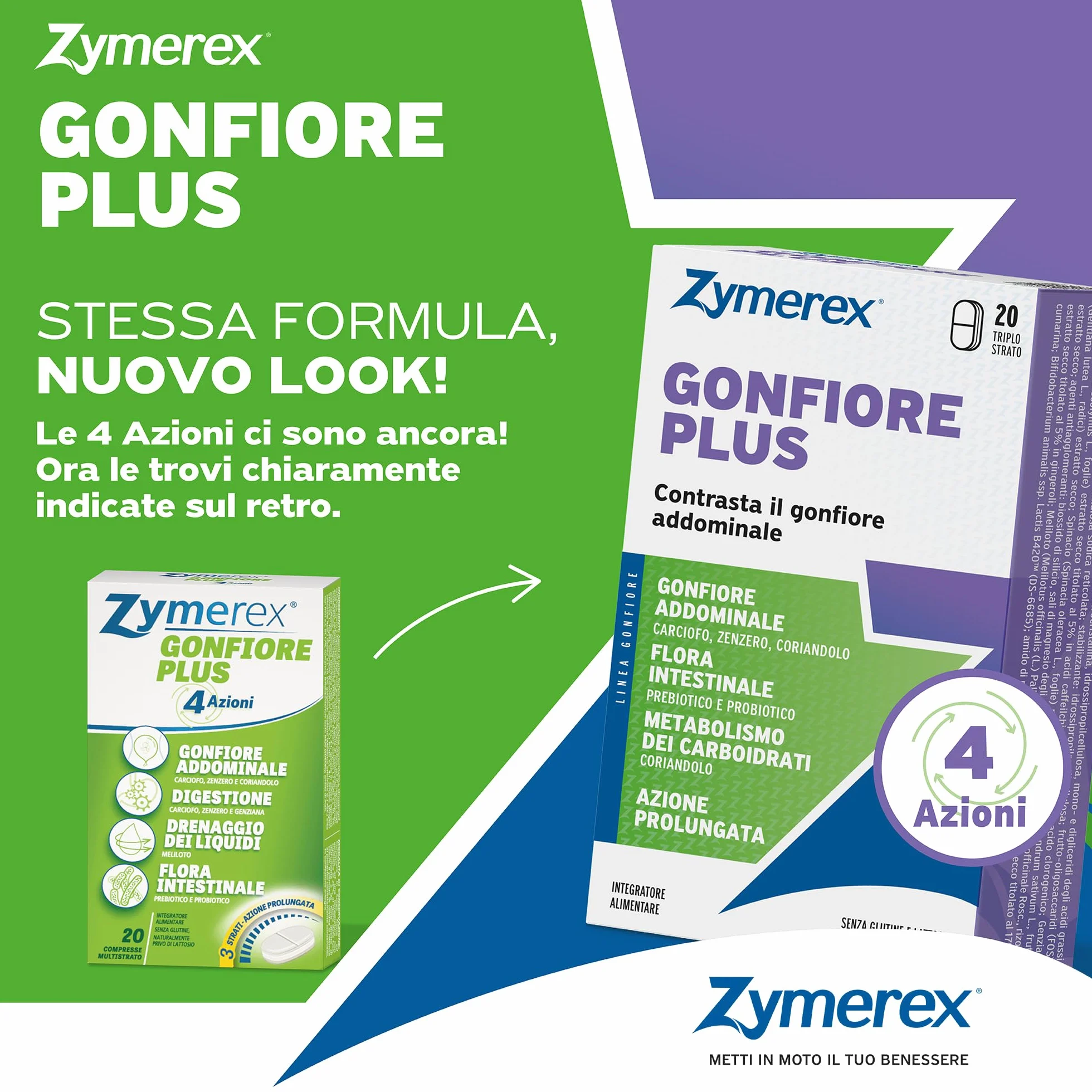 Zymerex GONFIORE PLUS 20 Compresse Integratore alimentare Probiotici e prebiotici