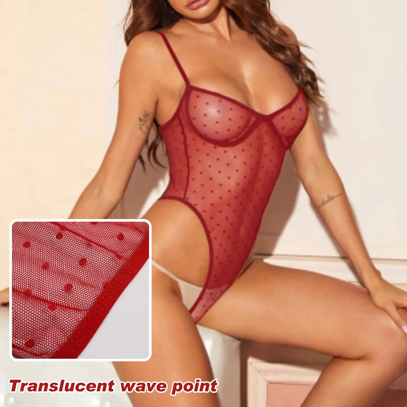 Intimo Donna Sexy Lingerie Rete Body Babydoll Trasparente Camicia da Notte in Pizzo Elasticizzato Negligees Scollo a V Profondo Chemise Senza Maniche con Pois per Natale Halloween Party (Rosso)